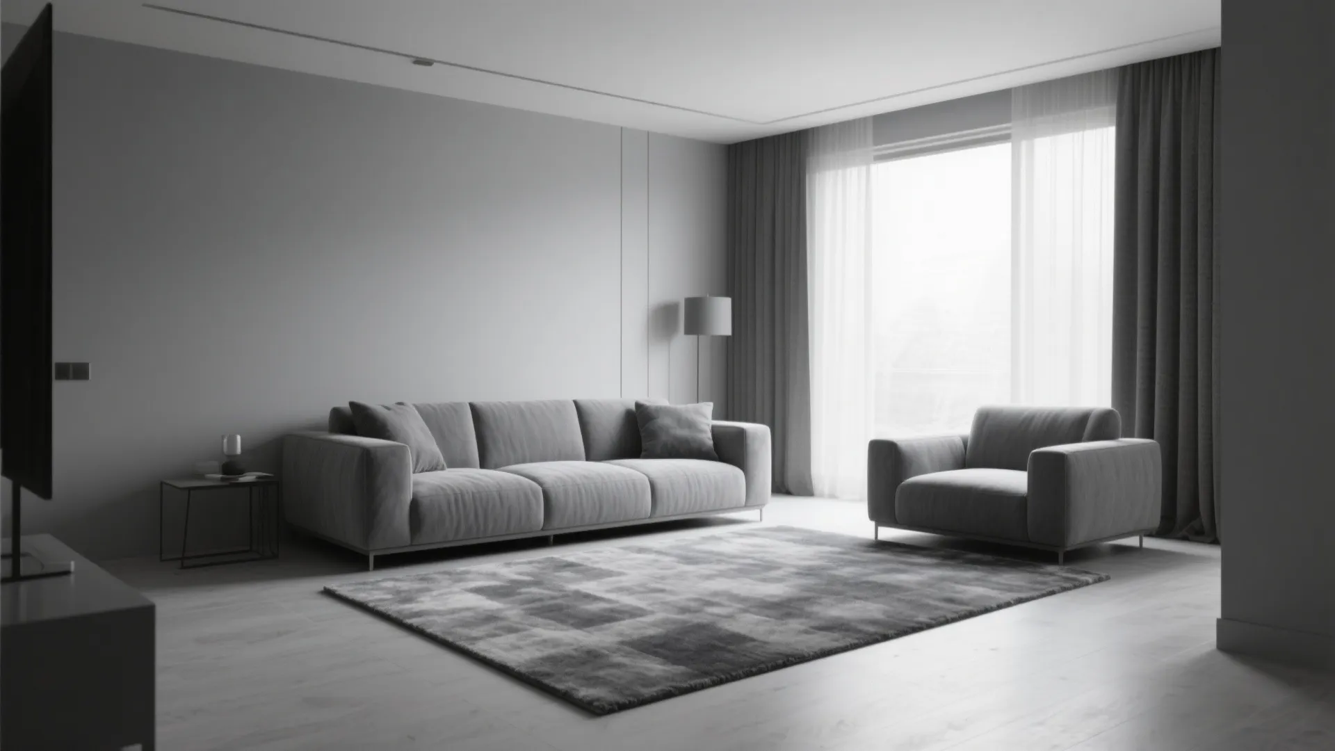 Modern minimalist living room featuring grey sofa matching area rug floor lamp and large curtains