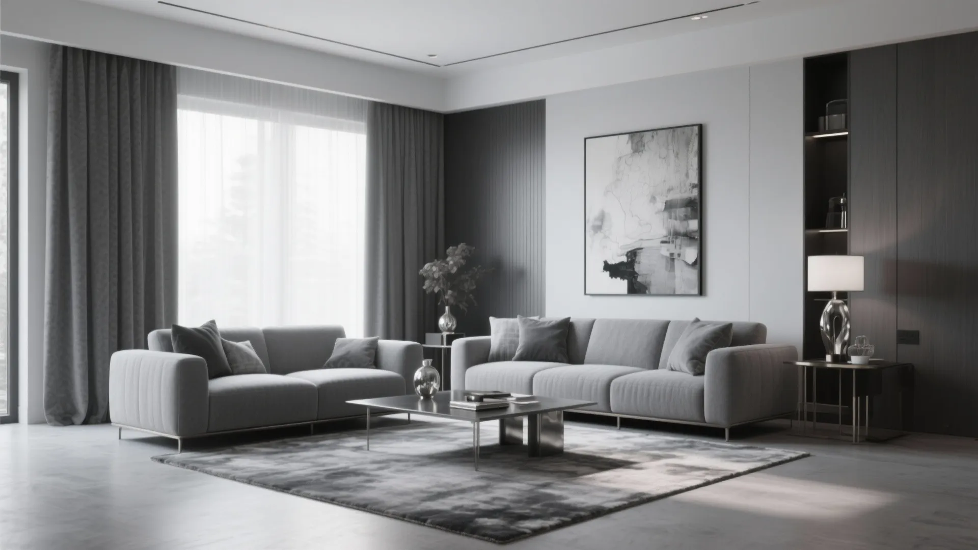 Monochromatic living room with shades of grey and metallic accents