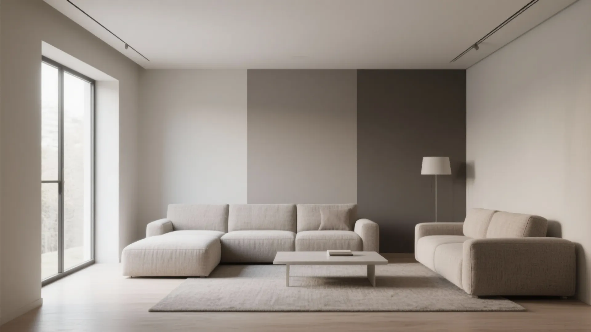 Modern living room with three shades of grey wall paint and two neutral sofas and rug