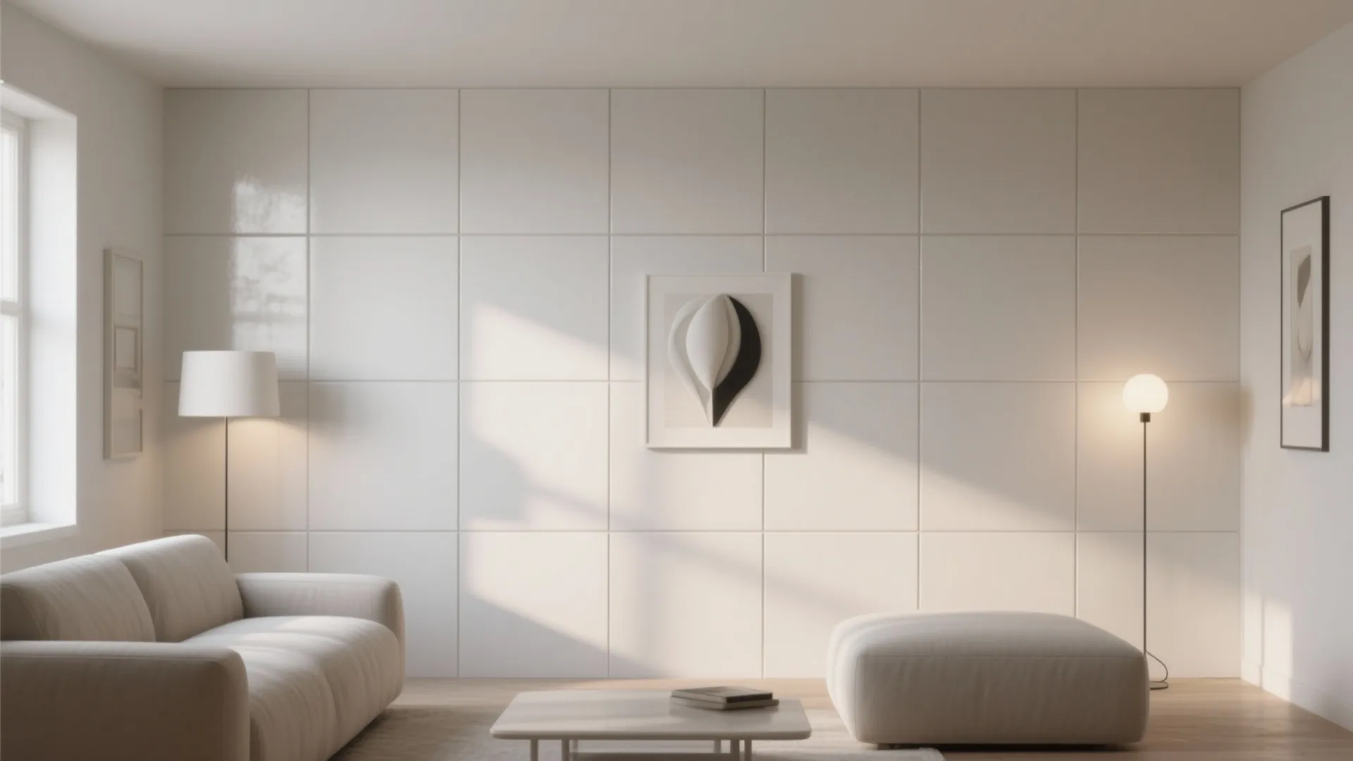 Monochrome ceramic tile grid gallery wall with warm gray grout and sculptural lighting in a small living room.