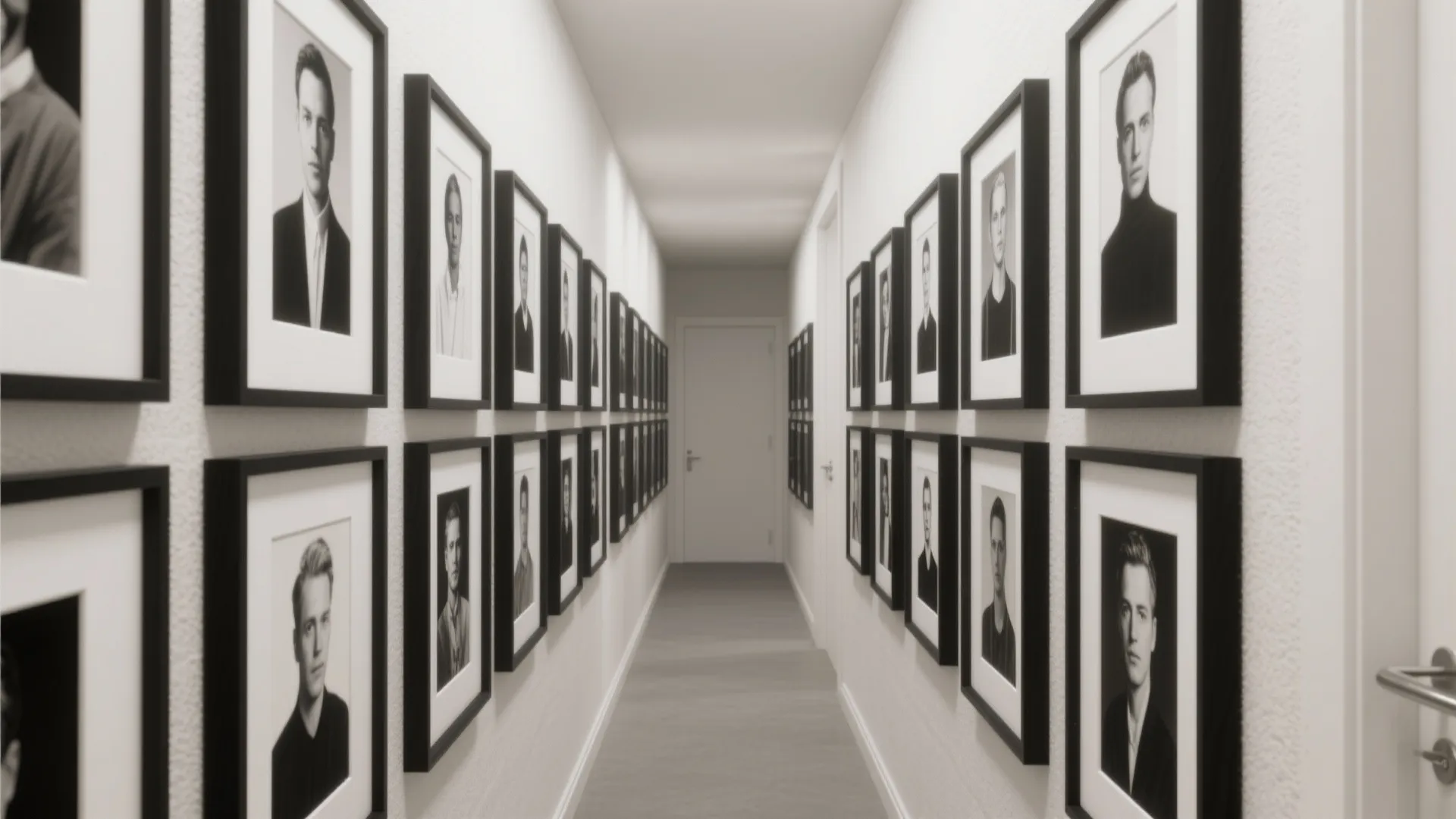 Narrow white hallway with many black framed portrait photos hanging on both left and right walls