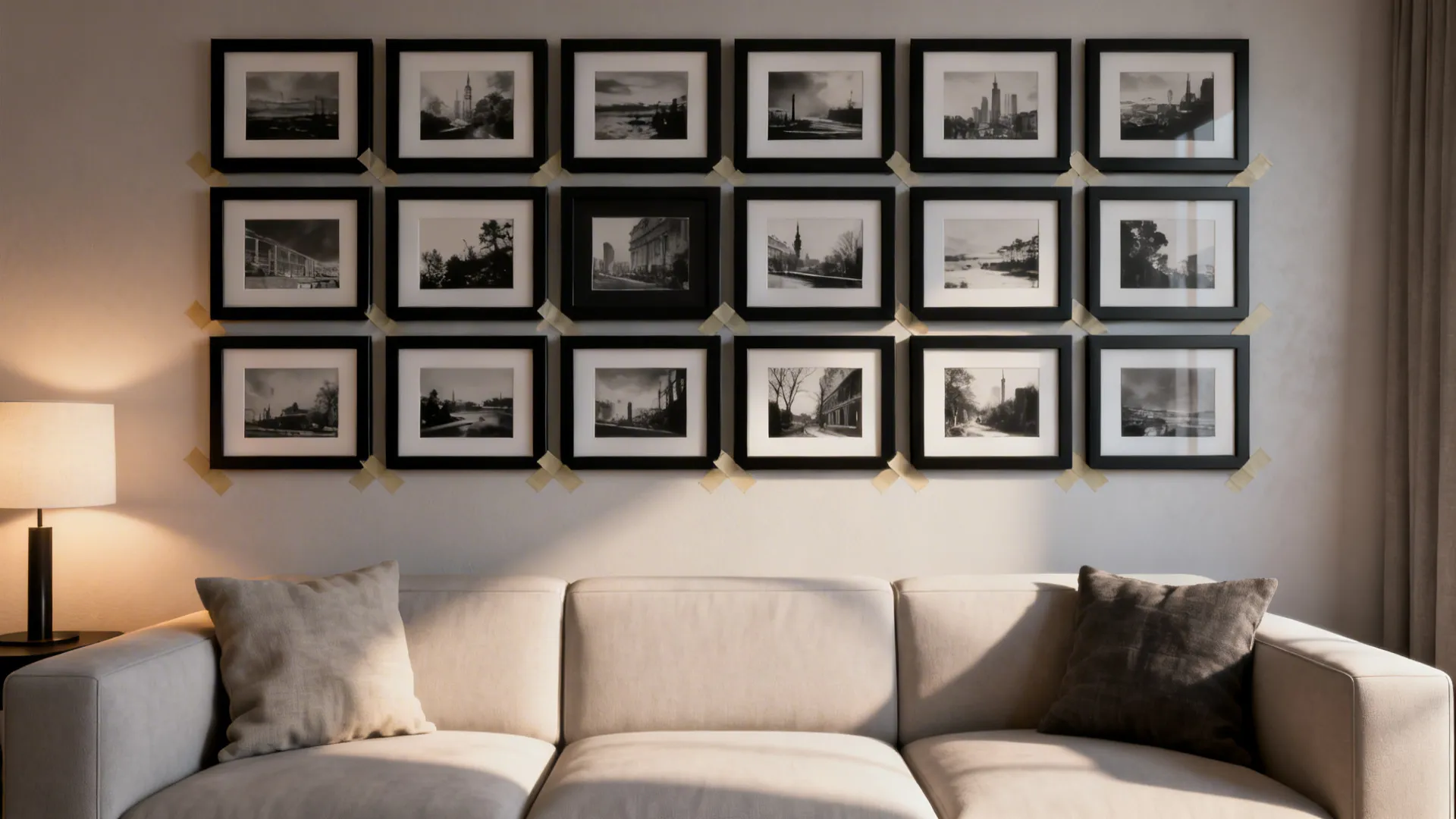Tight grid of black-framed monochrome prints above a sofa with balanced spacing and neutral decor.