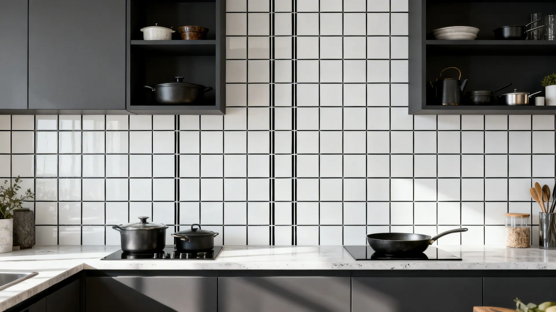 Black-on-white grid tile sticker backsplash framing open shelves in a small kitchen.