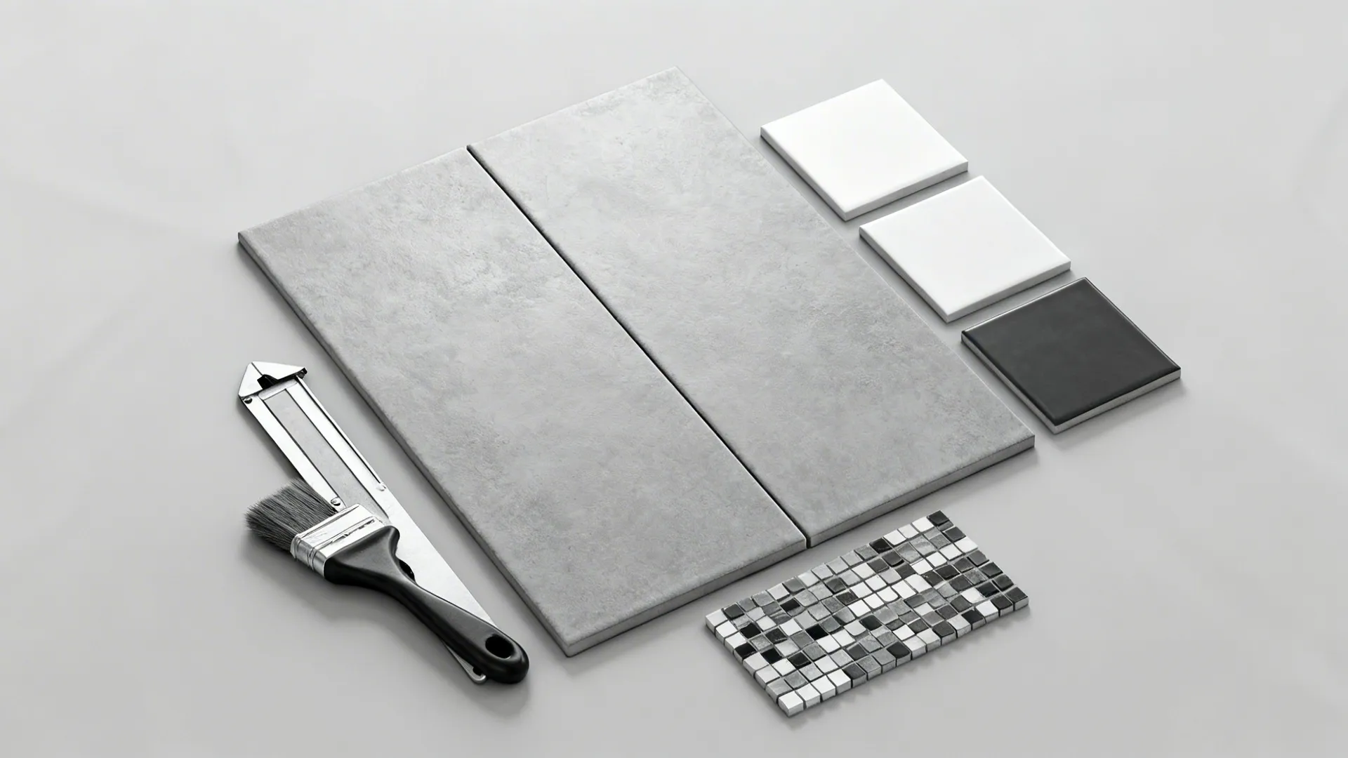 Flatlay of monochrome tile samples with contrasting grout swatches and tools.