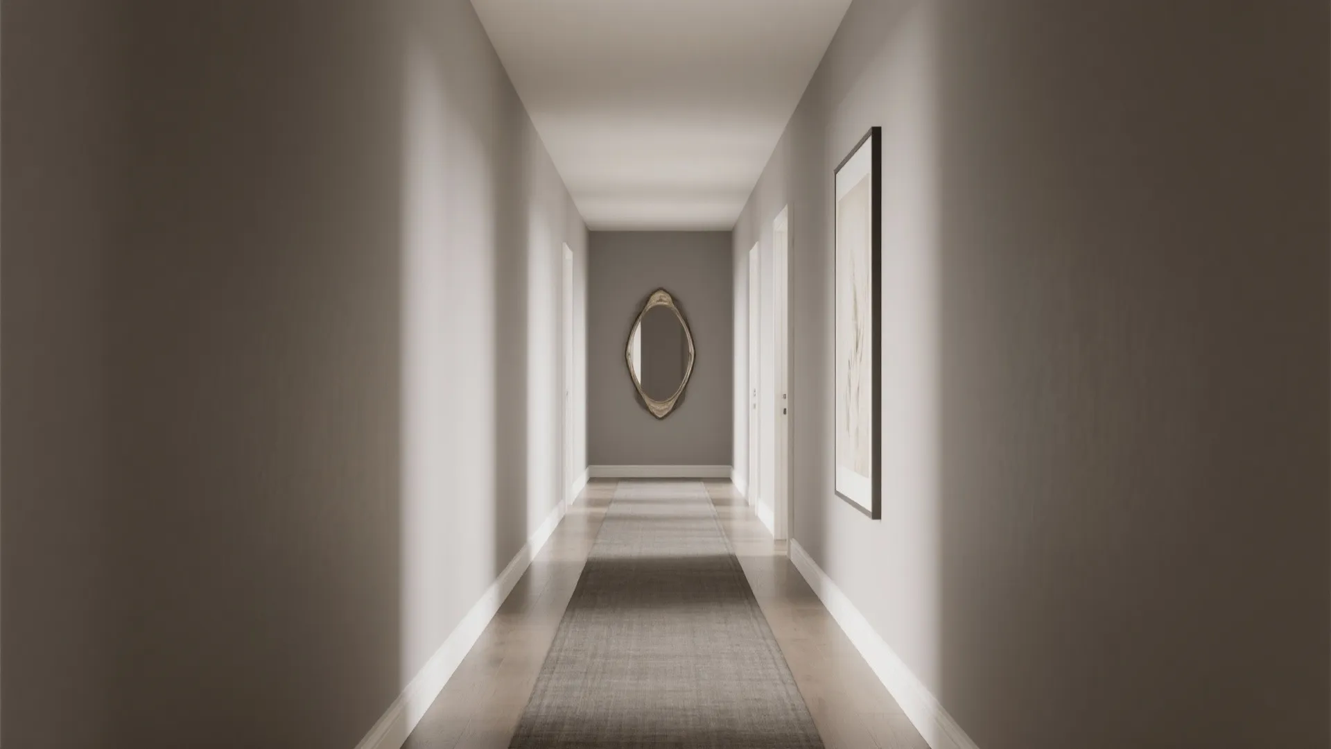 3) Monochrome envelope: same-tone floor, wall, and ceiling