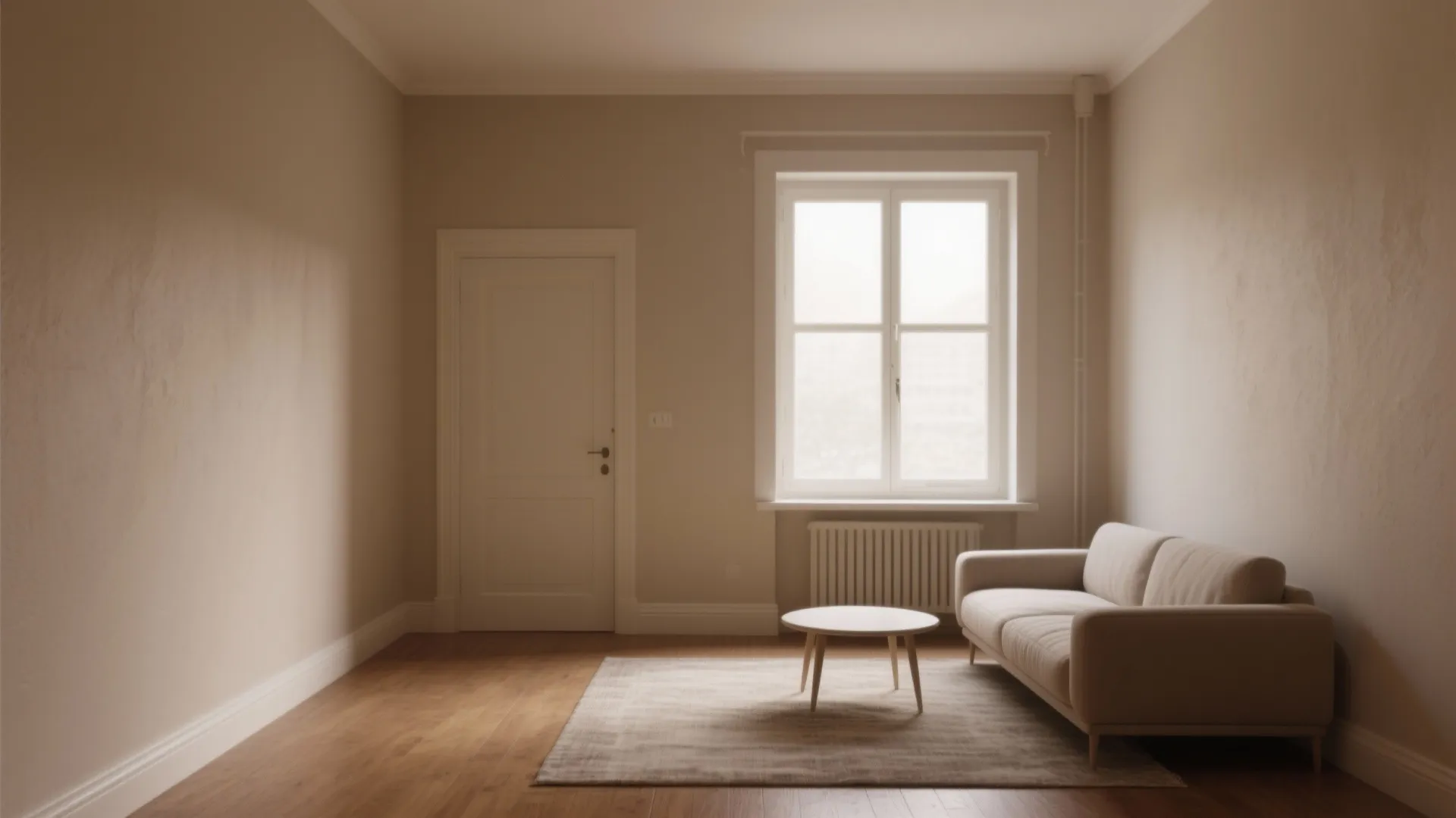 Minimalist living room with beige walls wooden floor white door window sofa and coffee table