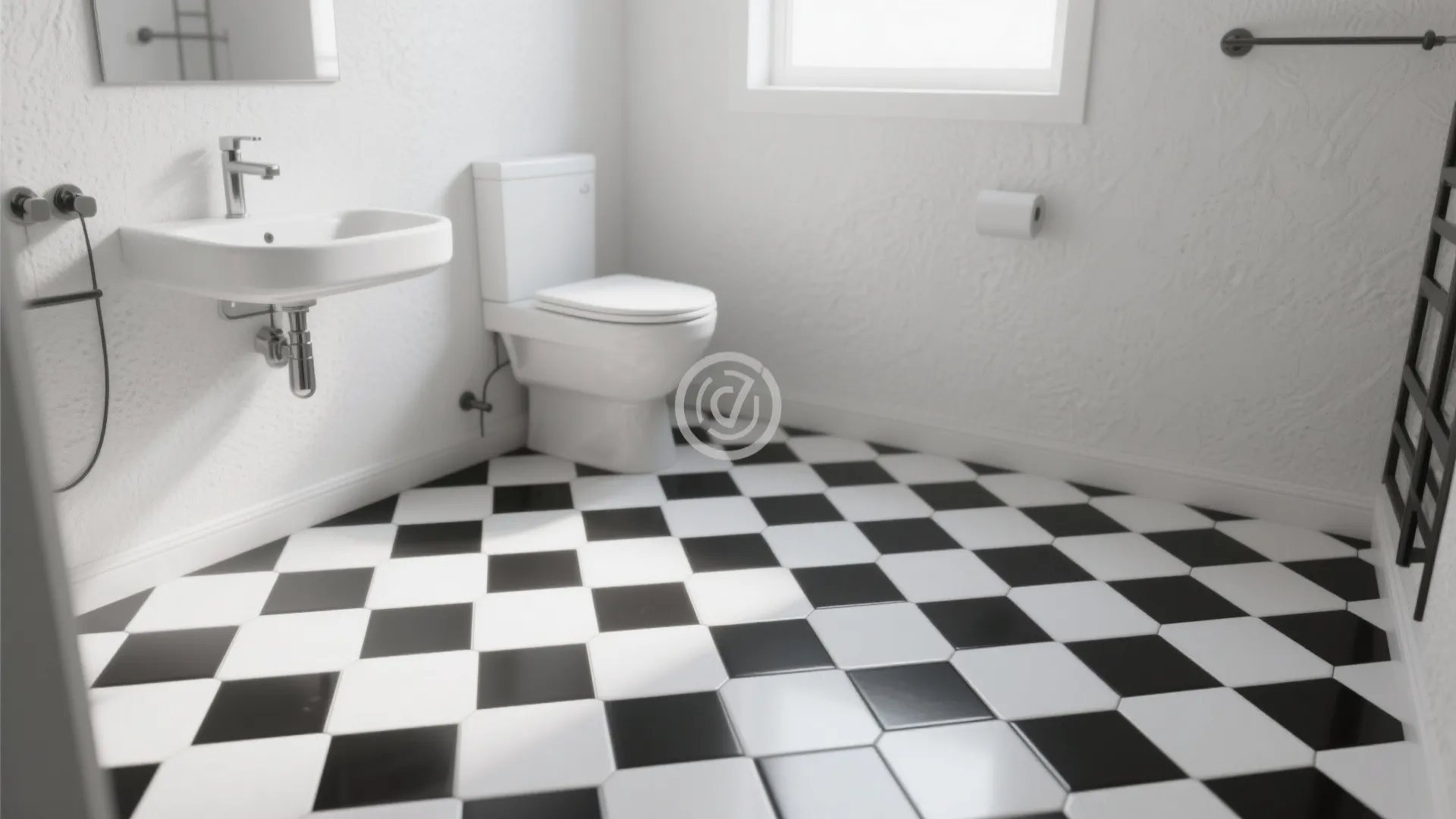 Modern bathroom with black and white checkered floor tiles white toilet small sink and bright window