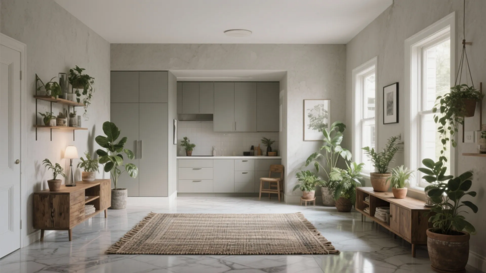 Modern open kitchen and living room featuring light green cabinets, wooden furniture, and many green plants