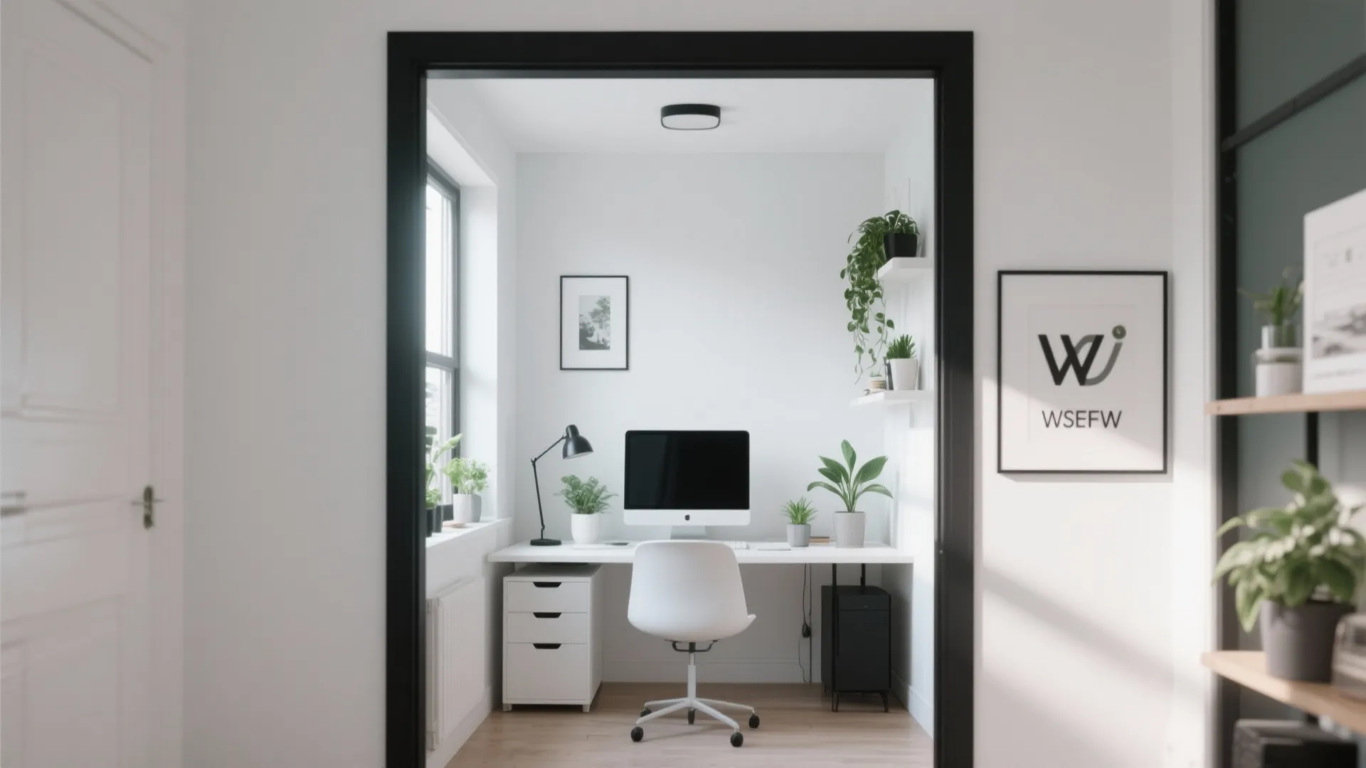 Small white home office with desk chair computer plants and window viewed through door frame