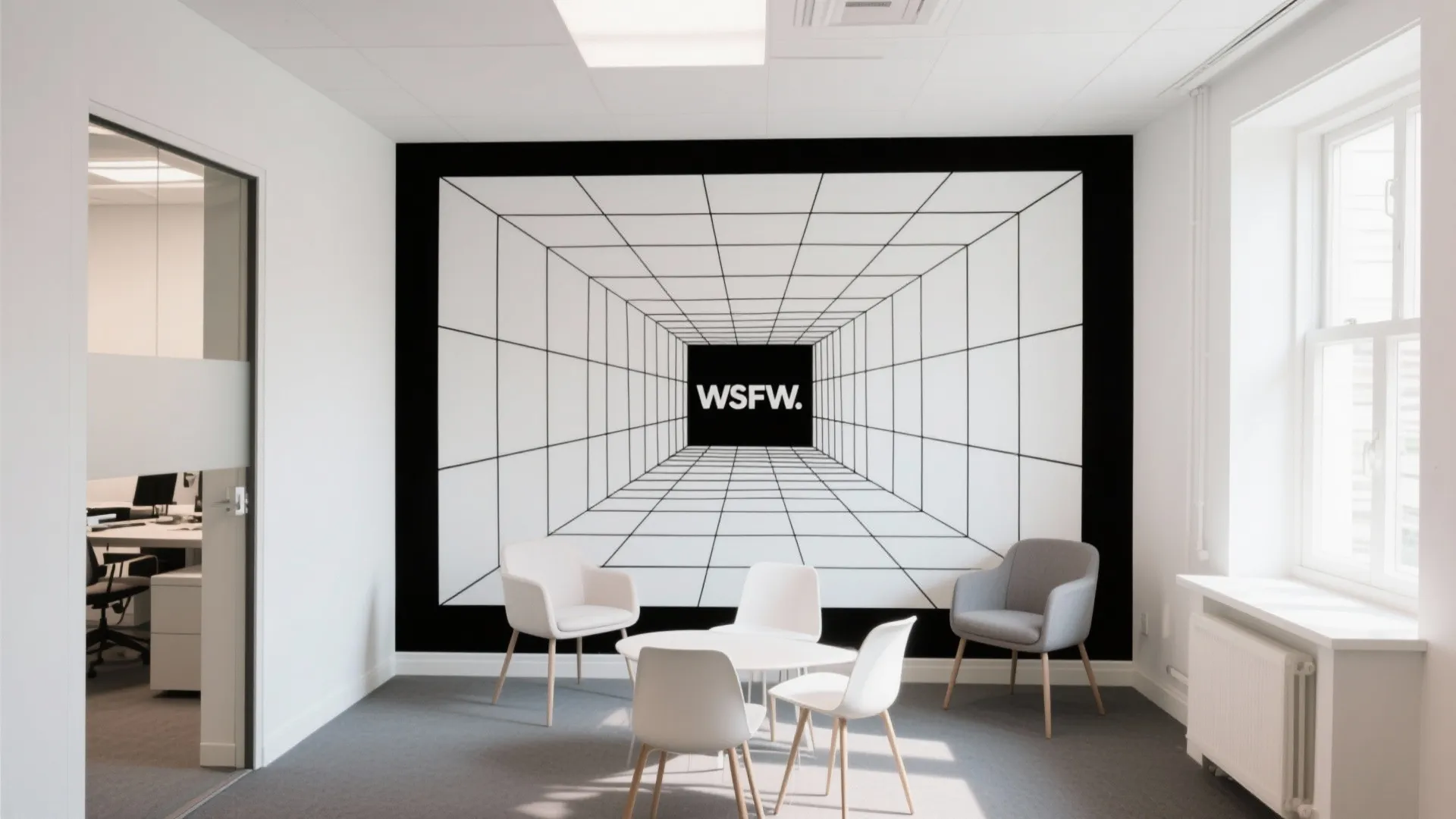 Black-and-white line art mural creating visual space illusion