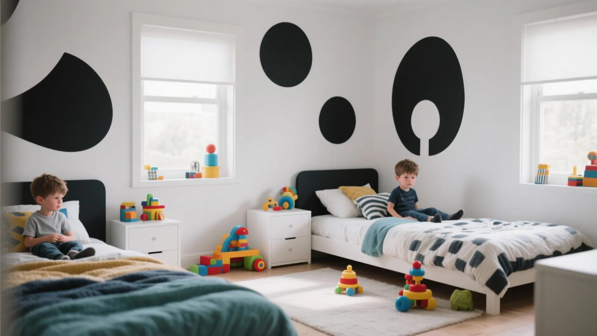 Modern shared kids bedroom with black circle wall stickers white beds and many colorful toys