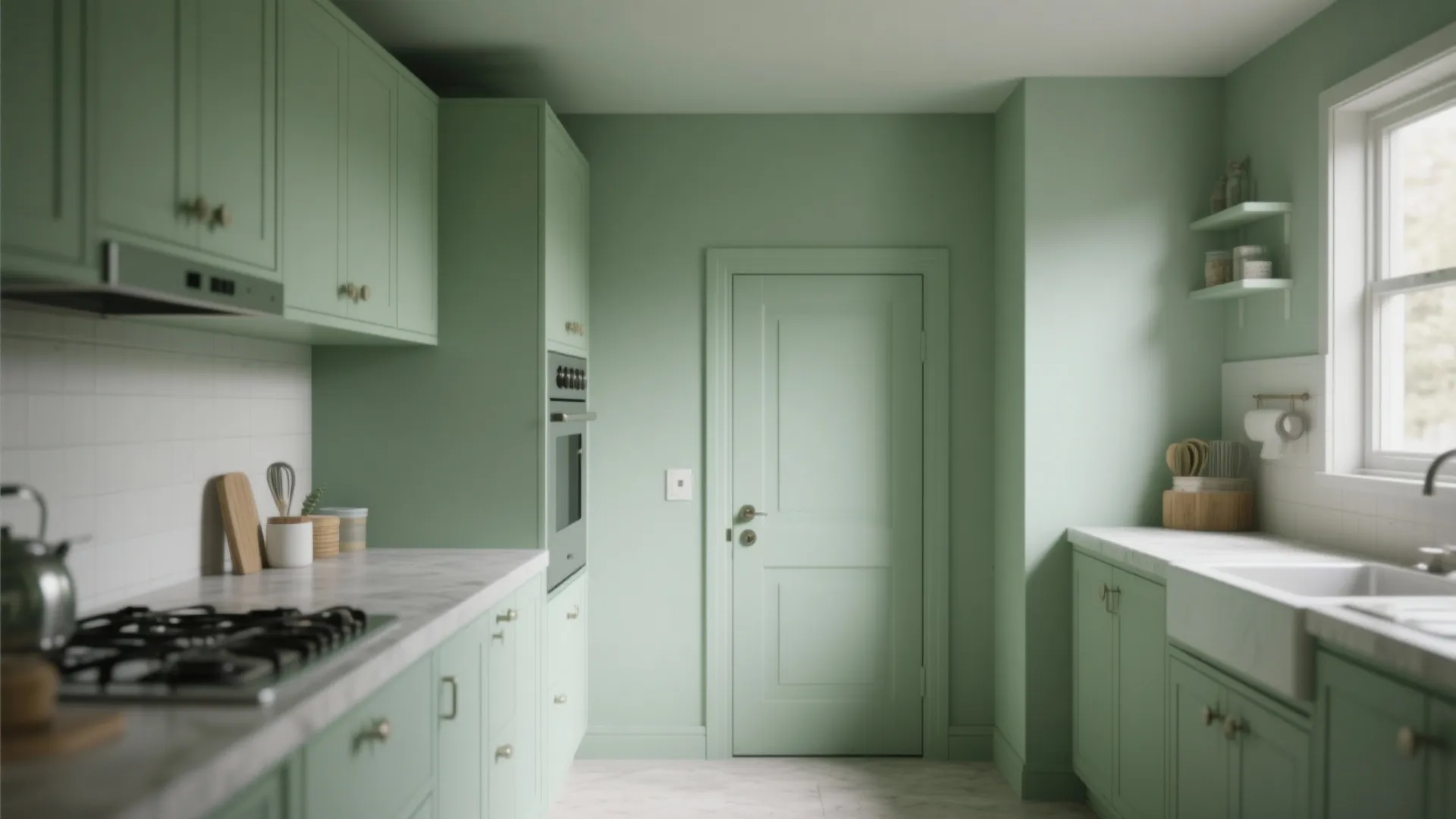 Small kitchen painted entirely in a single soft green color