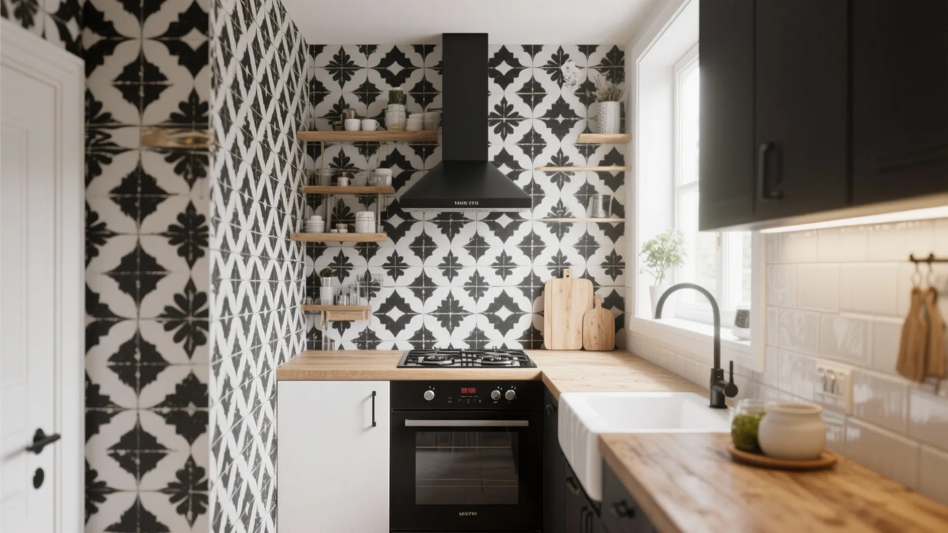 Modern kitchen with black and white patterned wall tiles wooden countertop oven sink and open shelves