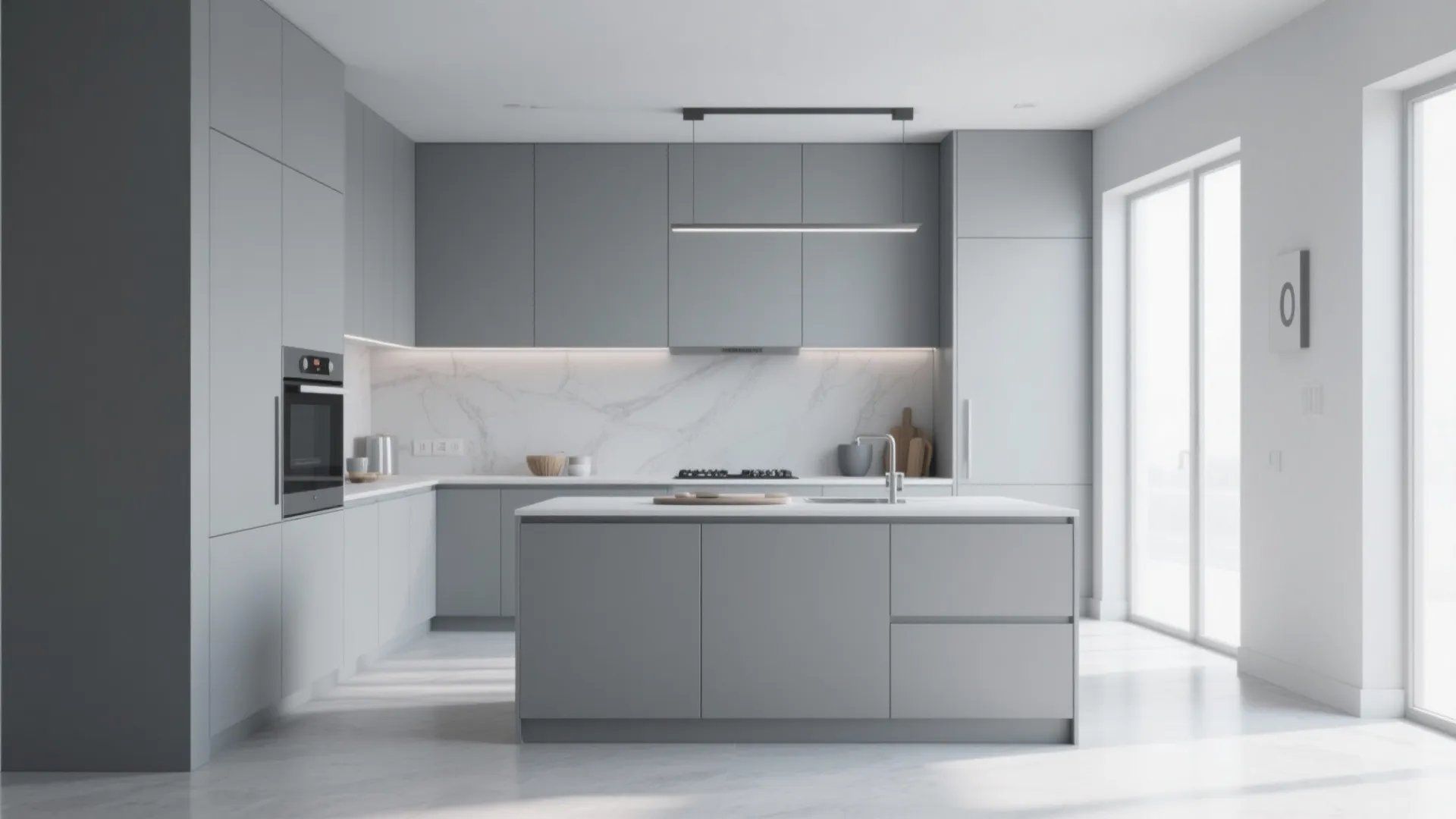 Modern grey kitchen with island marble backsplash built in oven ceiling light and white tiled floor