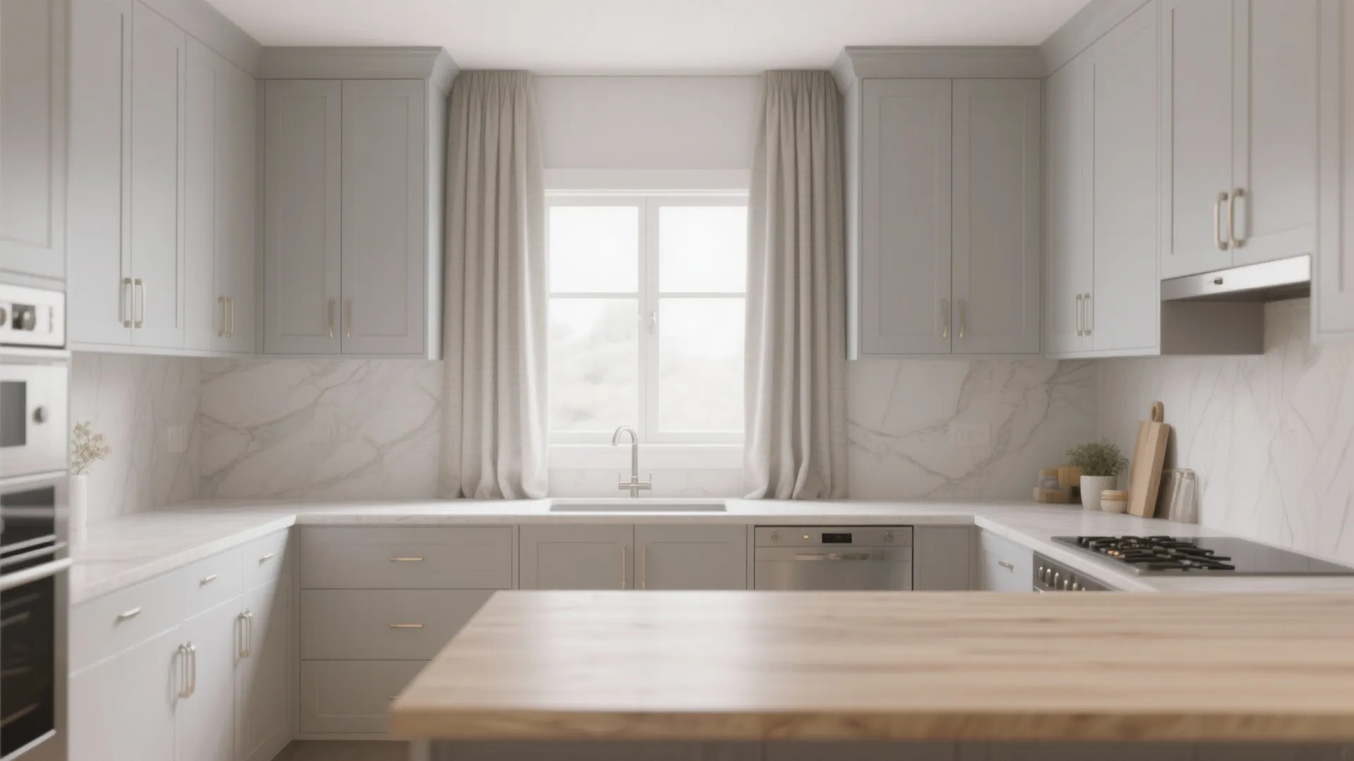 Modern grey kitchen cabinets with marble wall tiles white window and light wood kitchen island