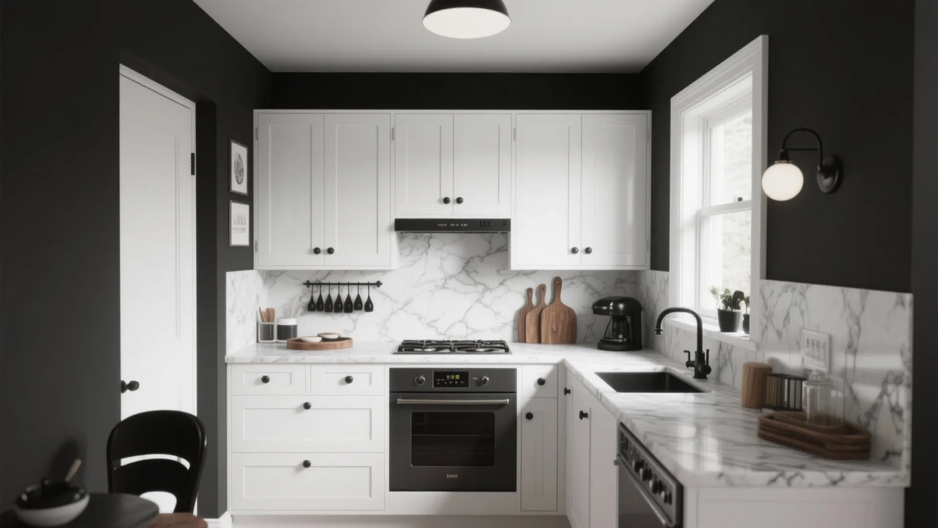 Modern kitchen with black walls white cabinets marble backsplash black oven and white wall light