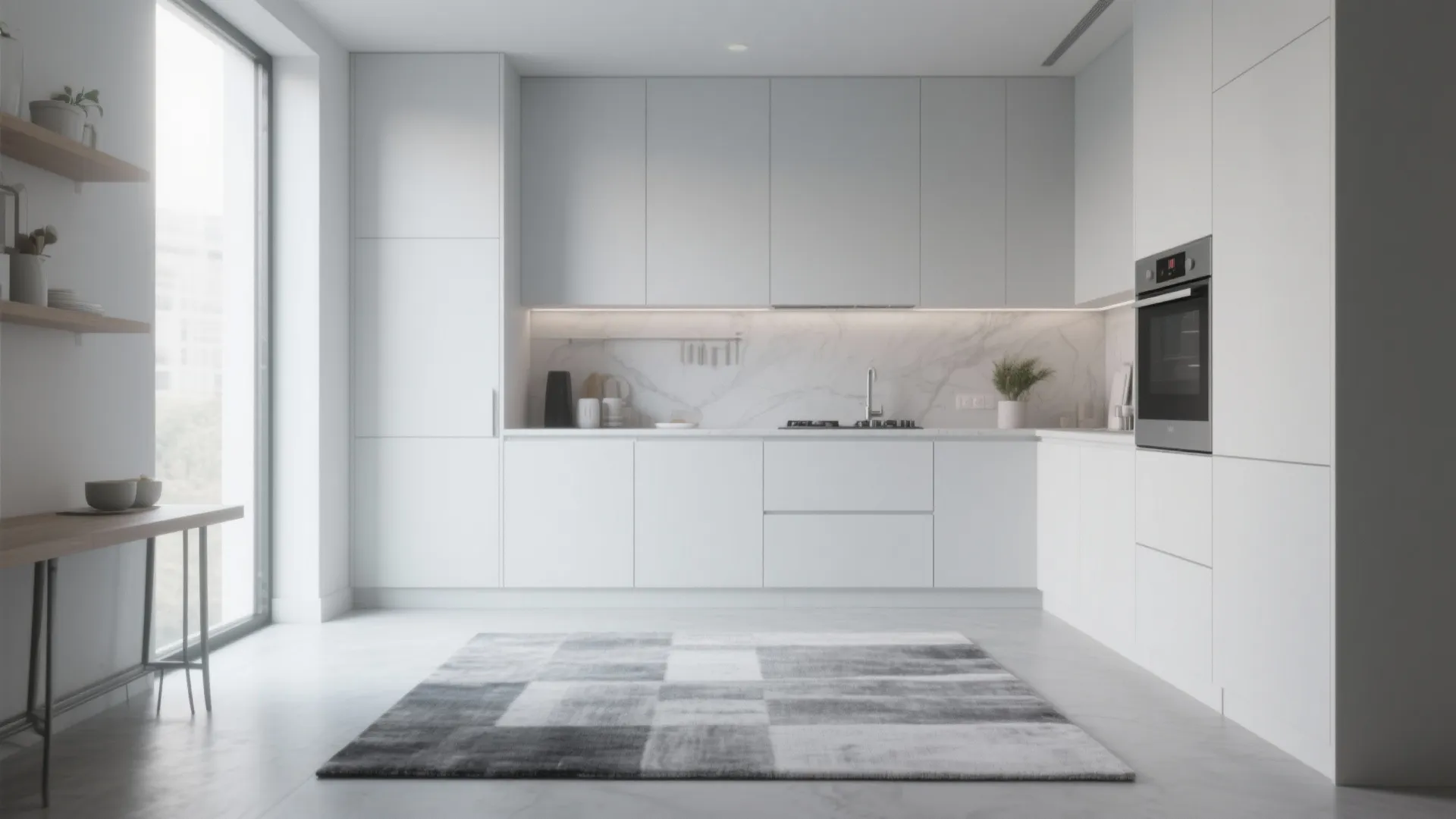 Minimalist white kitchen with built in oven and a grey patterned rug on tiled floor