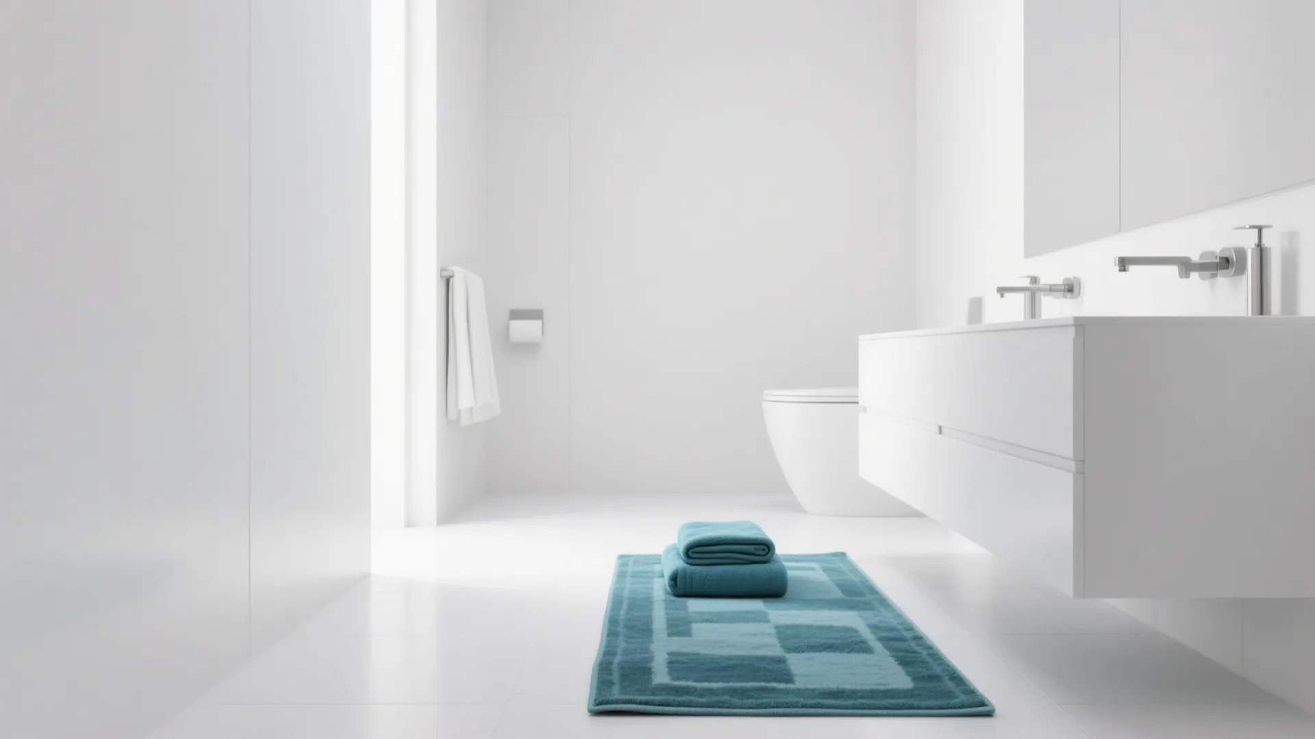 Minimalist all-white bathroom with a single teal accent towel and statement rug for a polished look.
