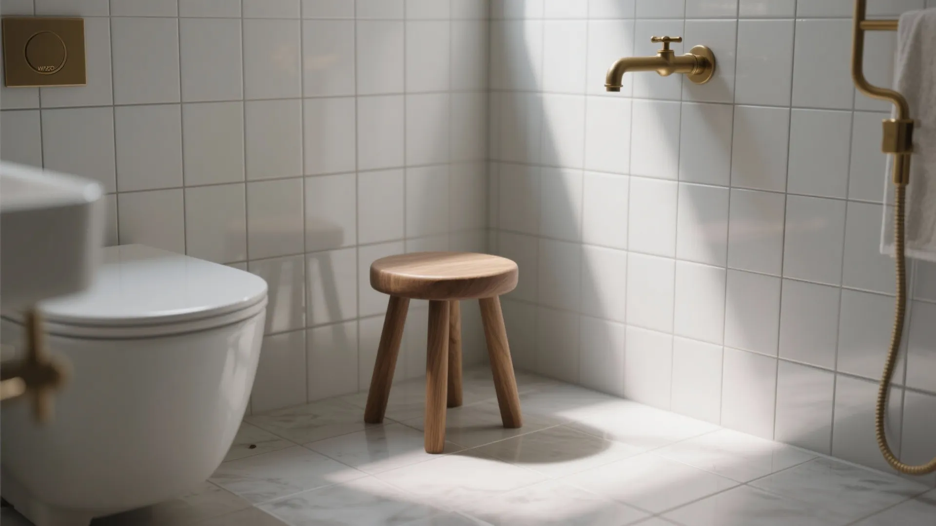 White tiled bathroom corner with wooden stool white toilet gold faucet and marble floor tiles