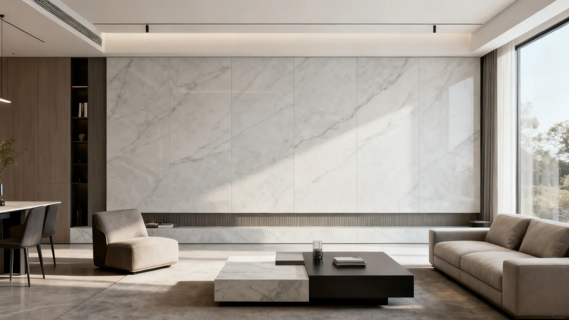 Modern living room wall clad in large monochrome porcelain tiles for a seamless look