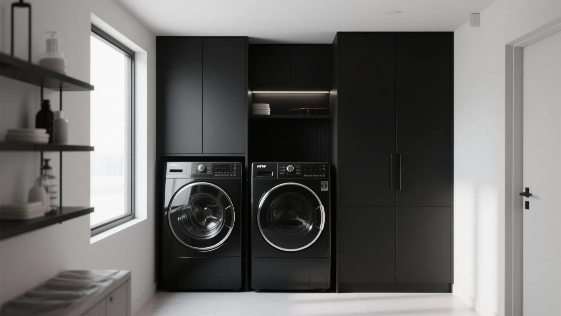 Minimalist laundry area with two black washing machines built into matte black cabinets and white walls