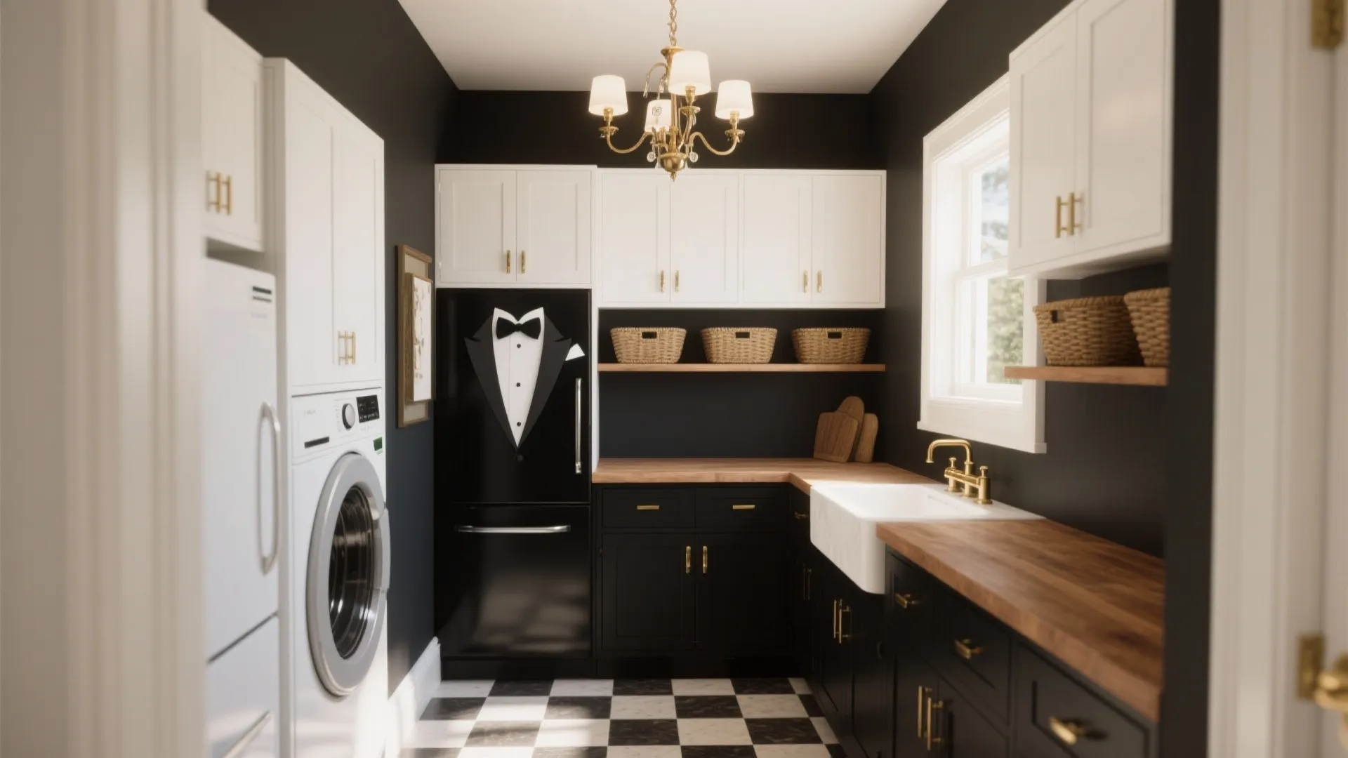 Modern laundry room with black and white cabinets ceiling light and checkered black white floor