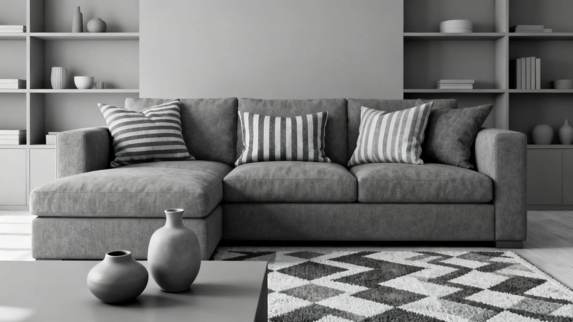 Monochrome living room with grey sofa striped pillows patterned rug wall shelves and simple decor