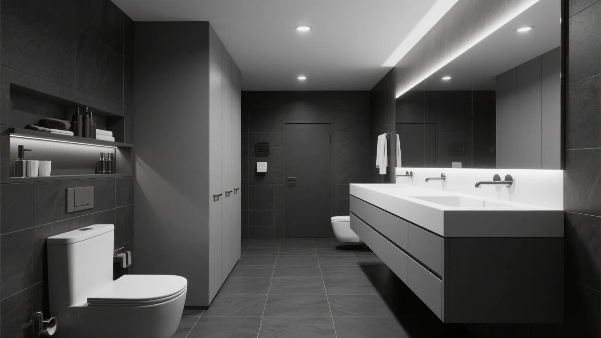 Modern dark grey bathroom with white sinks large mirror and multiple light fixtures for bright atmosphere