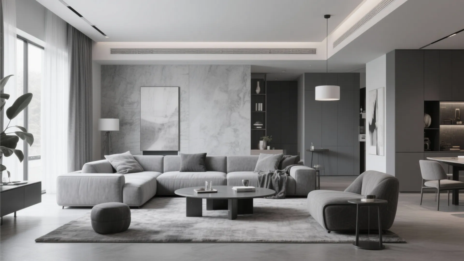Modern living room with layered monochrome gray tones