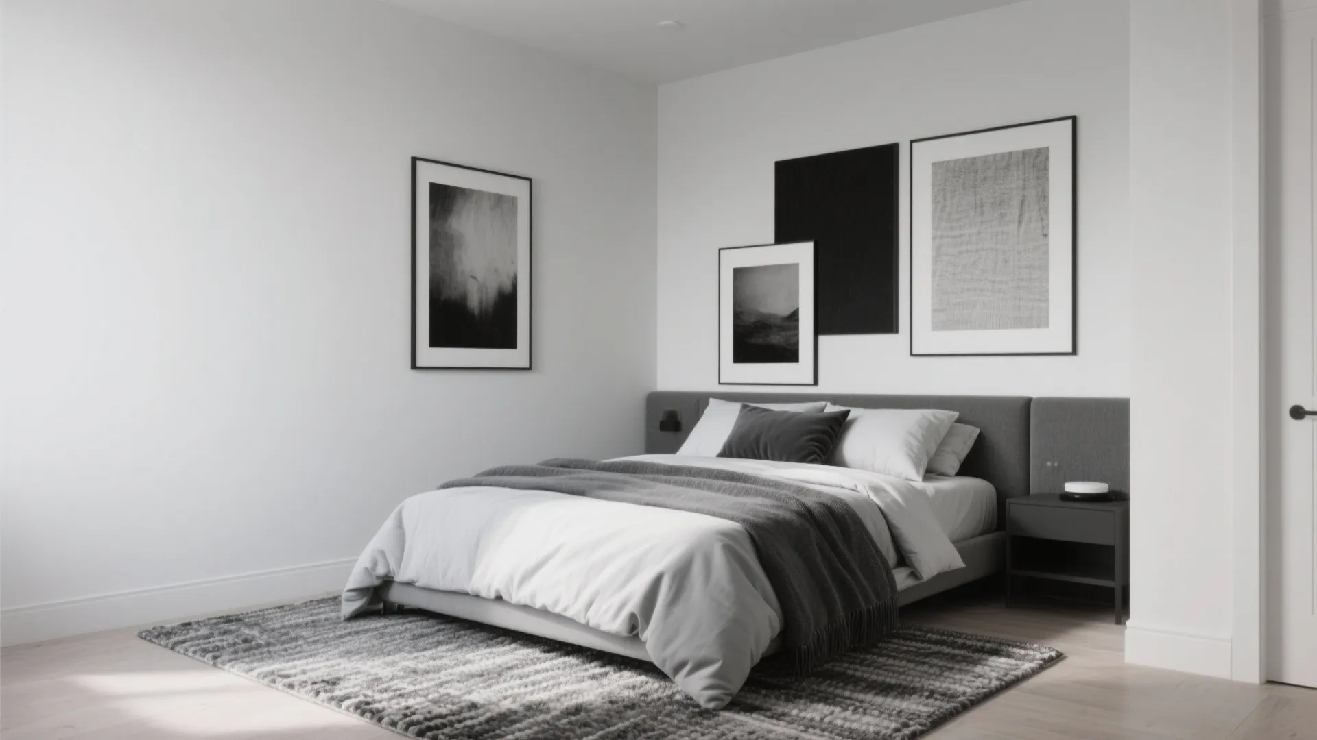 Modern minimalist bedroom featuring grey bedding white walls black framed wall art and patterned floor rug