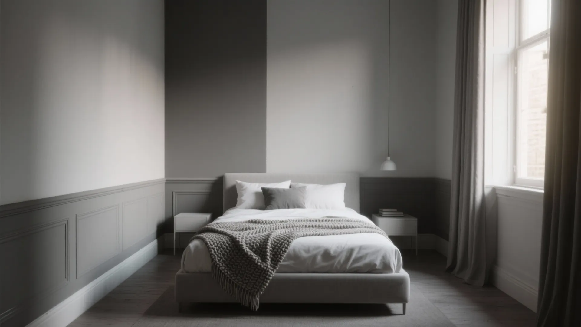 Minimalist bedroom with grey wall panel and white bed including simple ceiling light and curtains