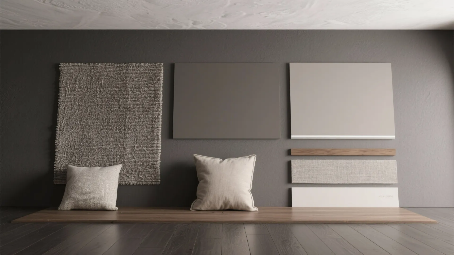 Modern dark gray wall display with pillows fabric samples wood panels and interior design materials