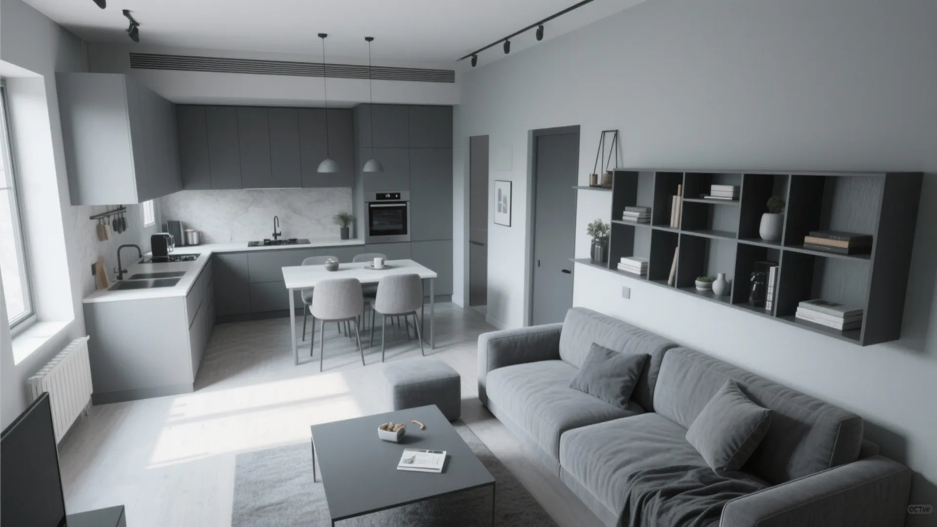 Modern open-plan living room and kitchen area with grey cabinets, sofa, dining table, and chairs