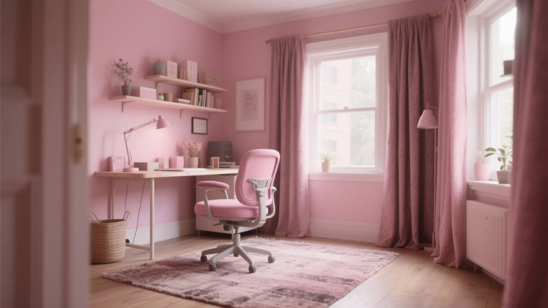 All pink home office featuring pink walls pink curtains pink rug white desk pink chair