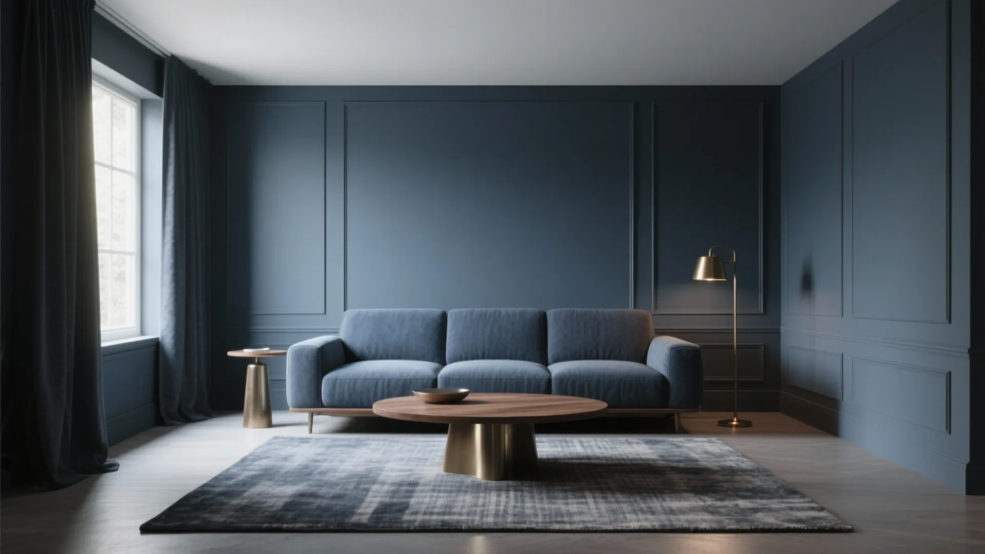 Compact living room in layered slate-blue tones with wood and brass accents for depth.