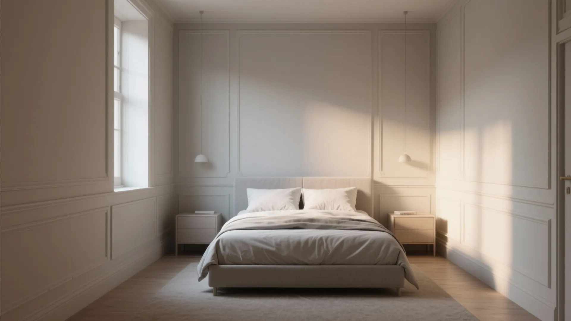 Minimalist bedroom with white wall panel wood floor simple bed two side tables and soft lighting