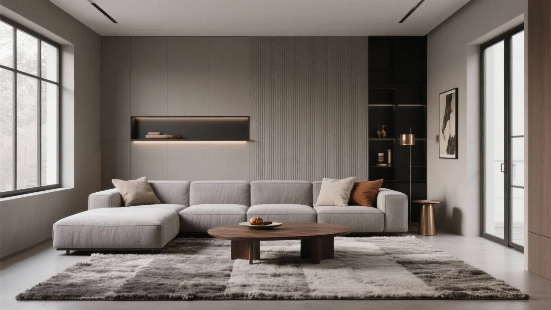 Modern living room with grey sofa wooden coffee table rug wall panel and large windows