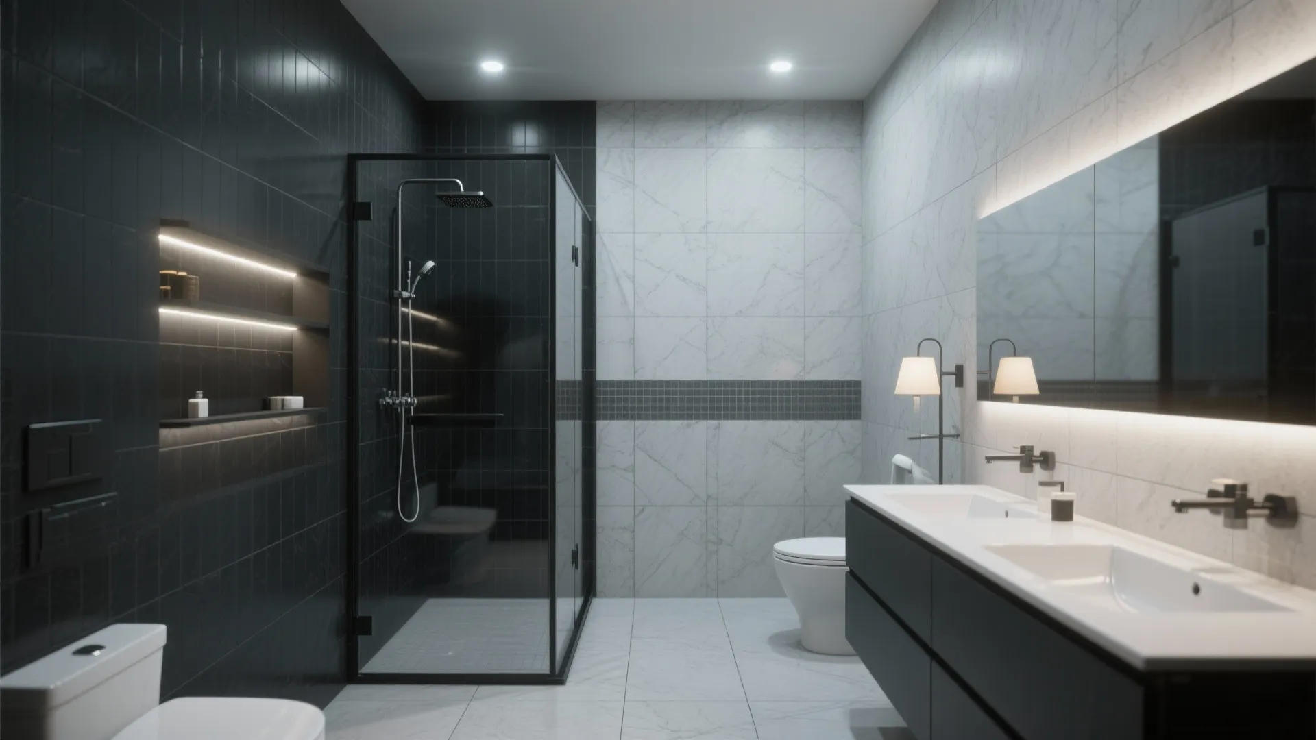 Modern bathroom with black shower tiles white marble walls double sink cabinet and bright ceiling lights
