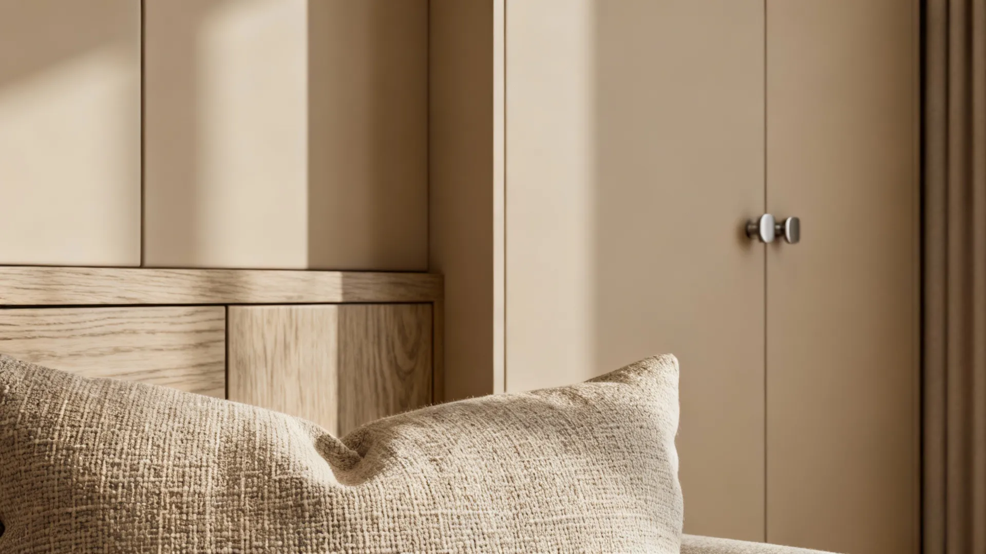 Close-up of layered warm beige tones across fabrics, wood, and painted surfaces.
