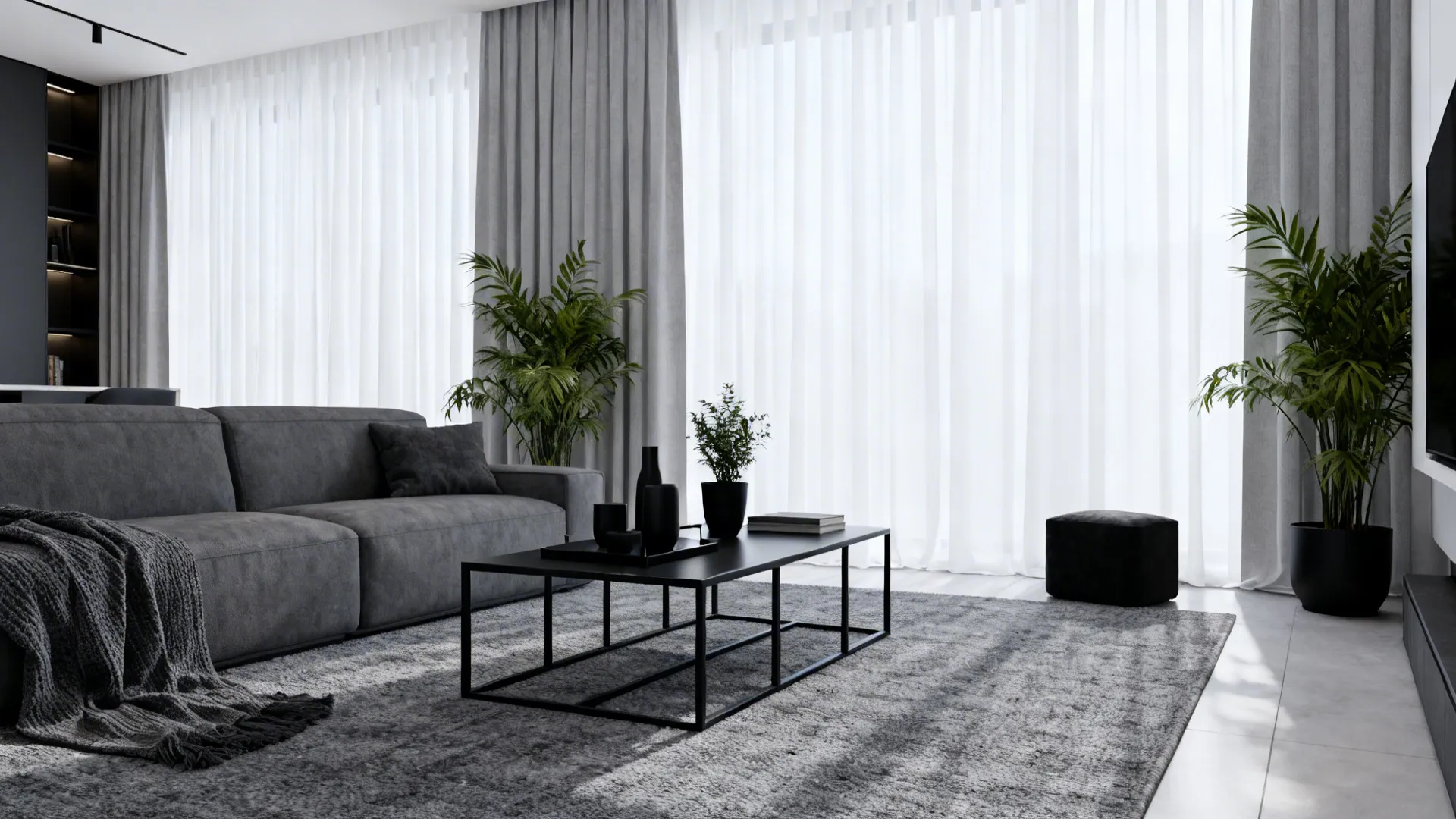 Modern apartment with layered grays, white curtains and black metal accents.