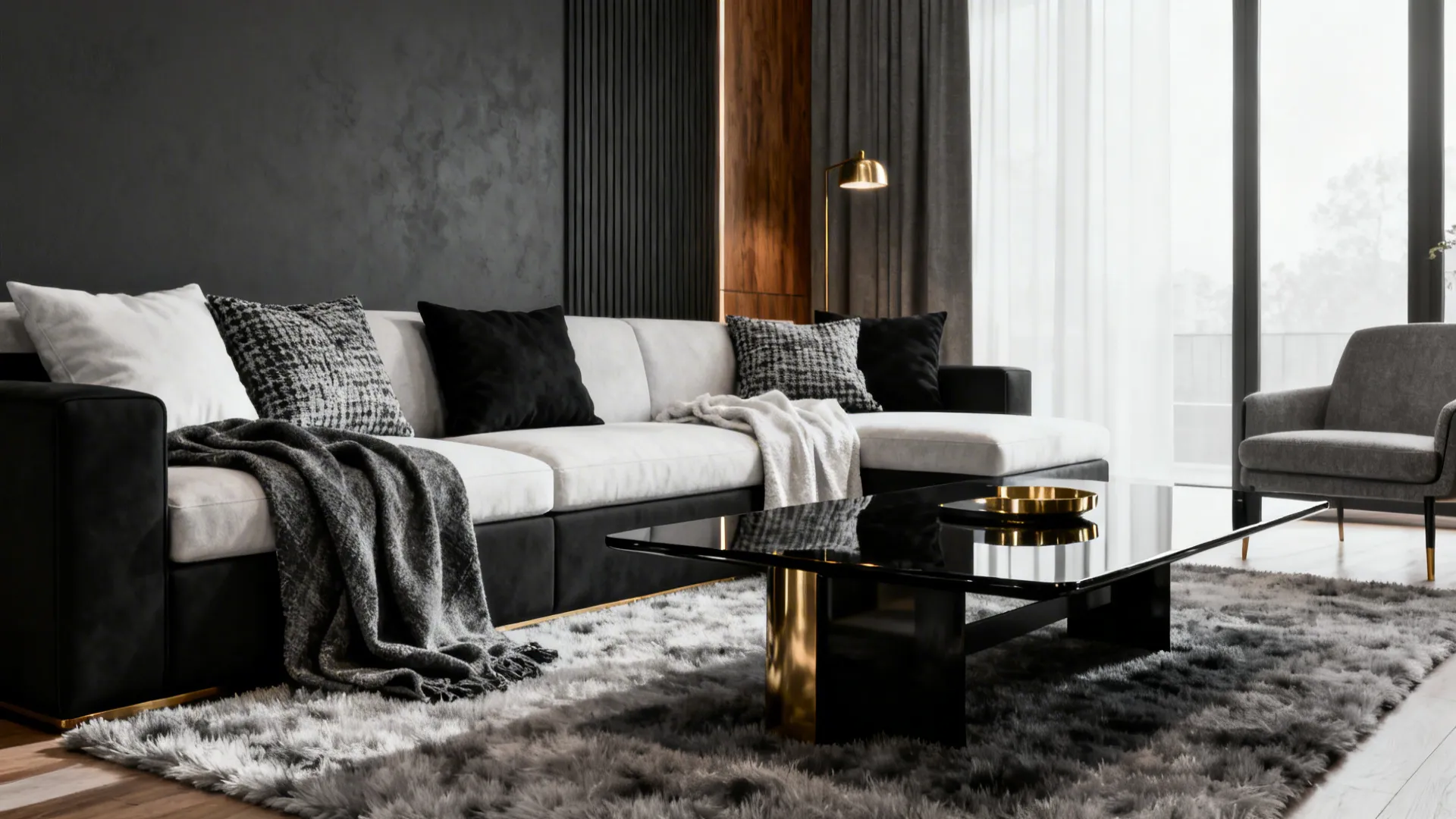 Modern living room with layered black, white and gray textiles and warm wood and brass accents