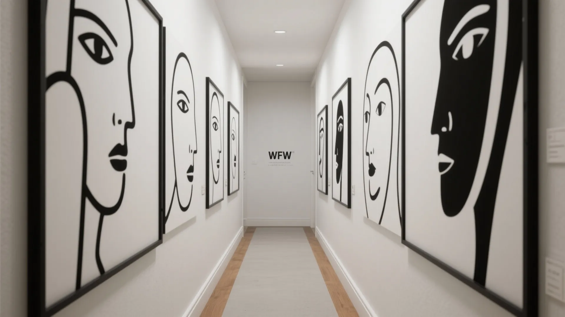 Monochrome line art decals aligned in a narrow gallery-style hallway with off-white walls.