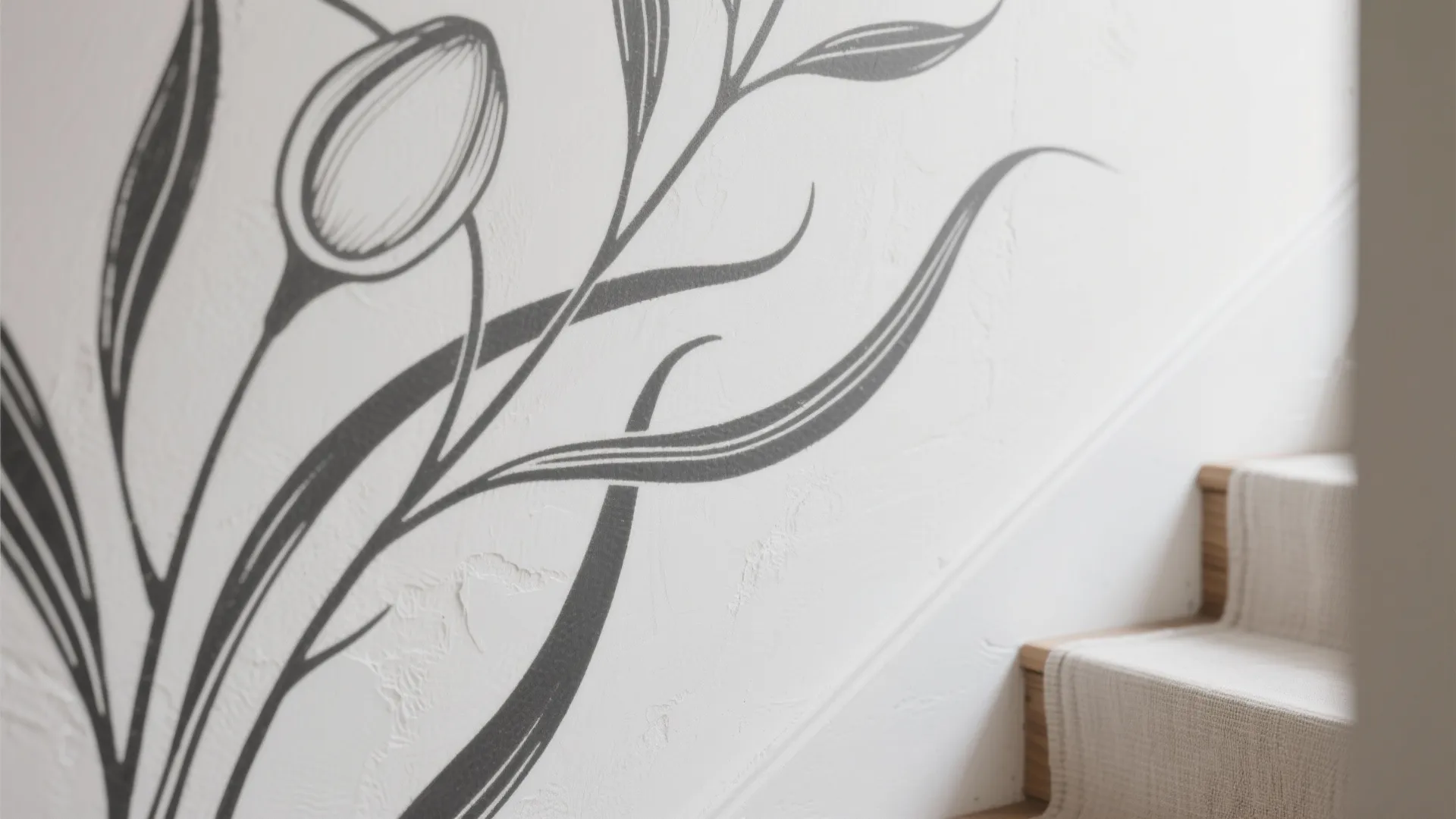 White wall with black flower line art sticker next to a staircase with a light runner