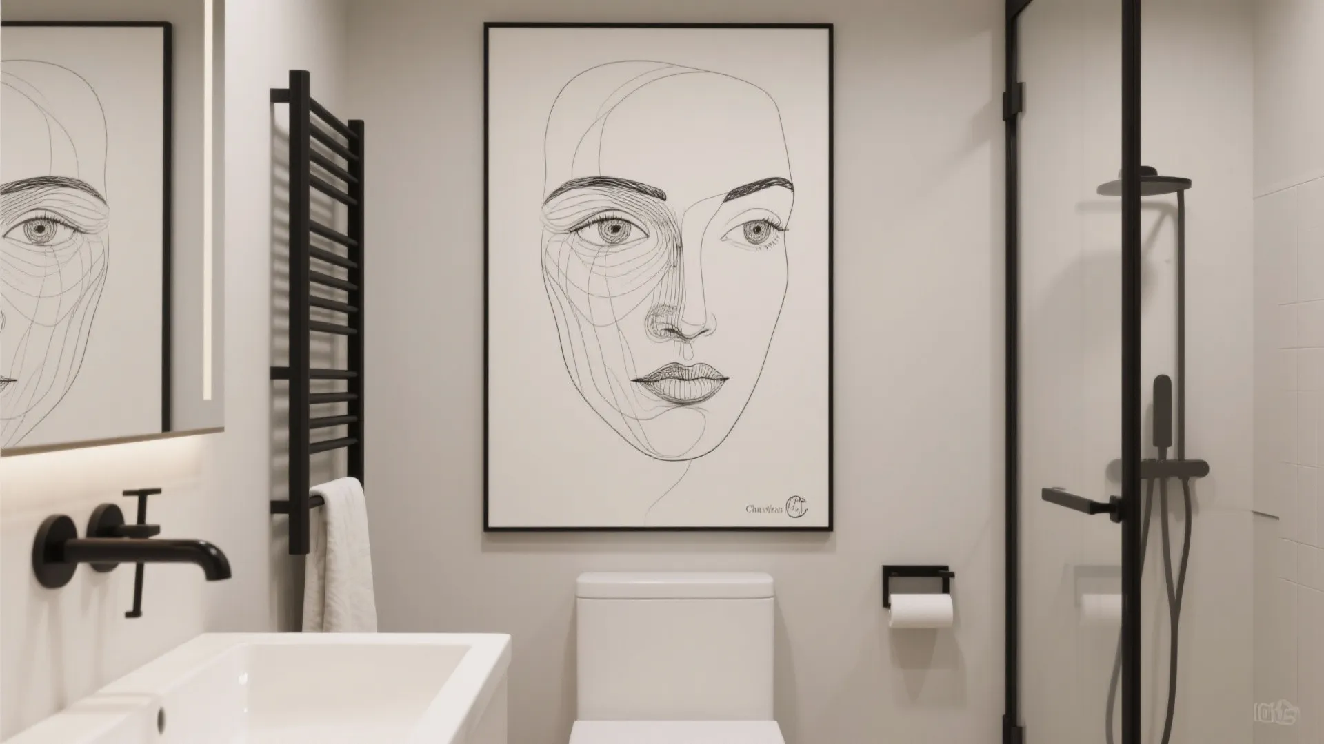 Modern bathroom with a large face line art poster black tap white toilet and sink