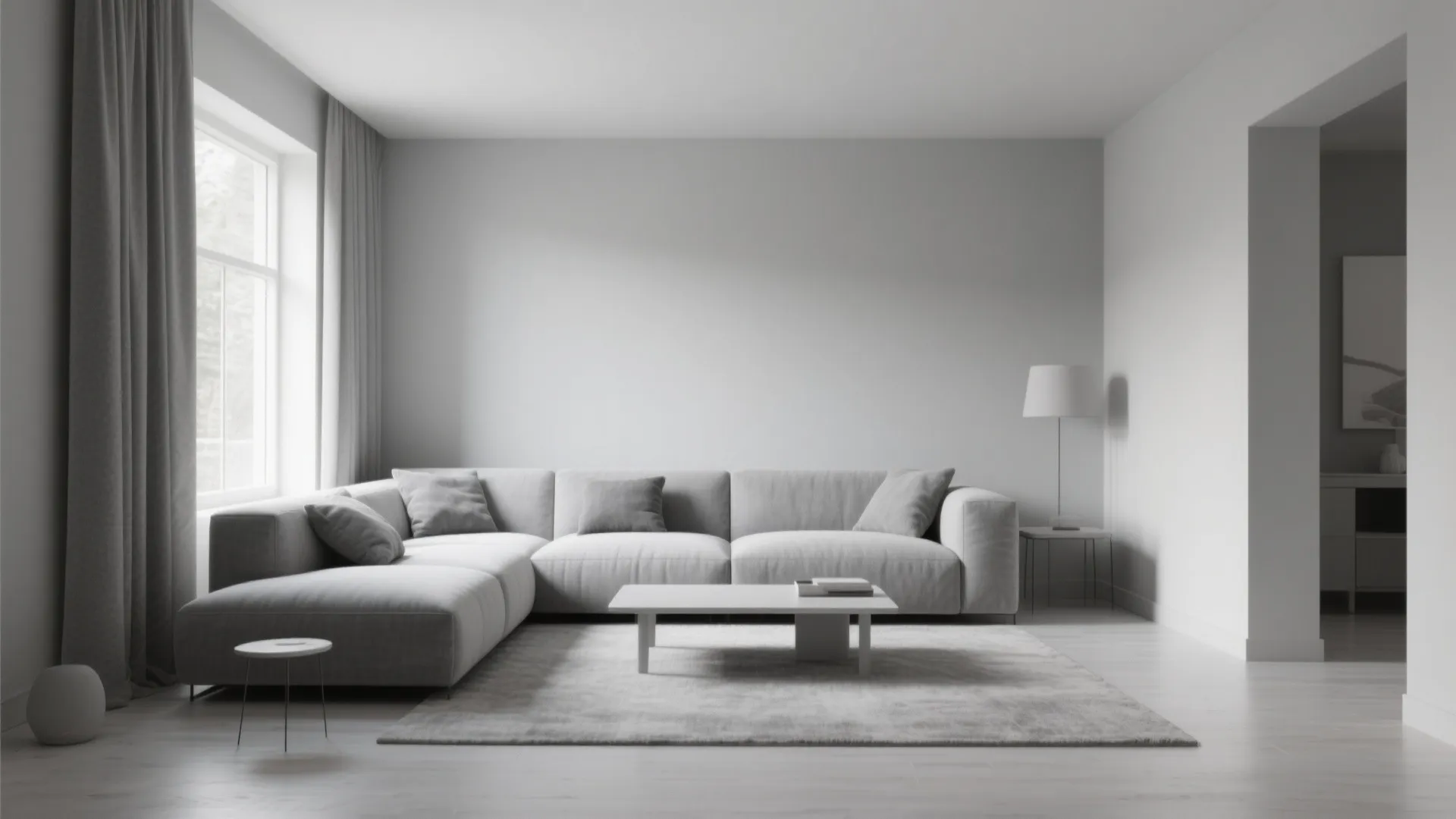 Minimalist monochrome living room featuring light grey sofa white walls rug floor lamp and large window