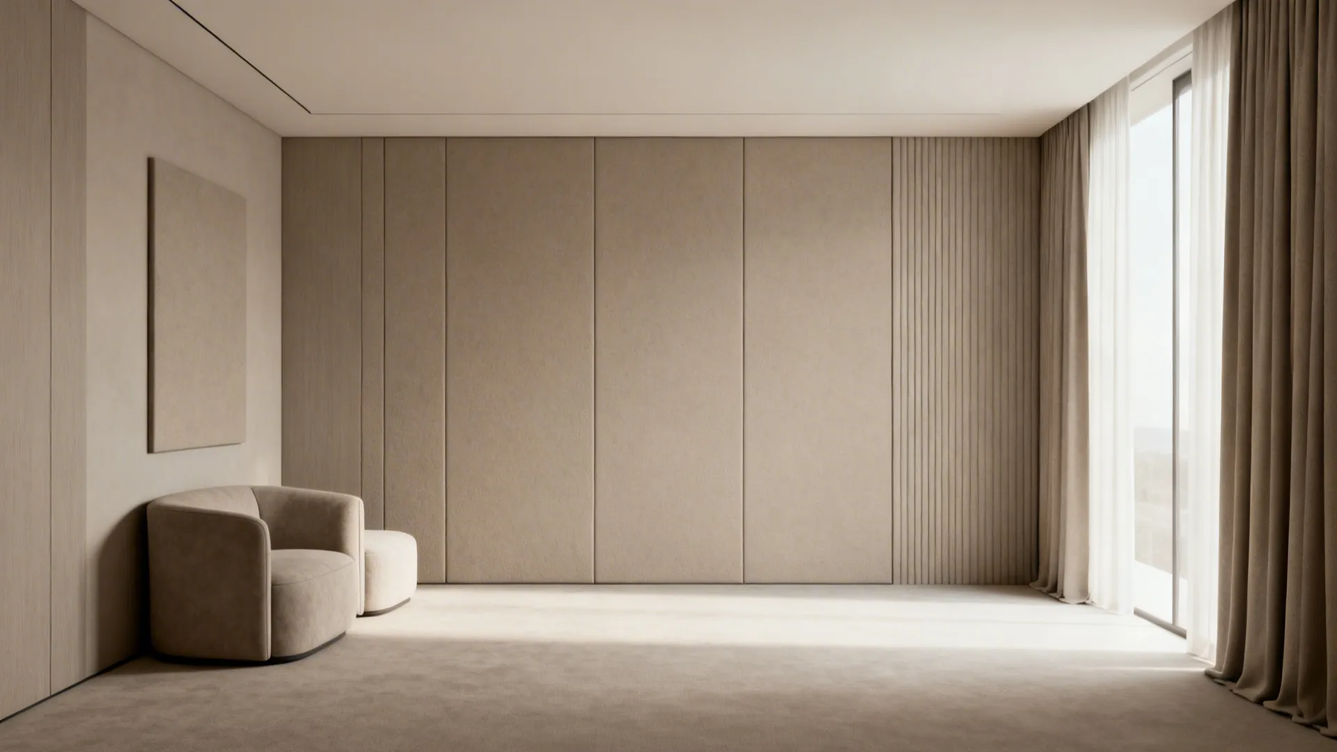 Neutral monochrome living room with matching curtain panels and furniture for visual continuity.