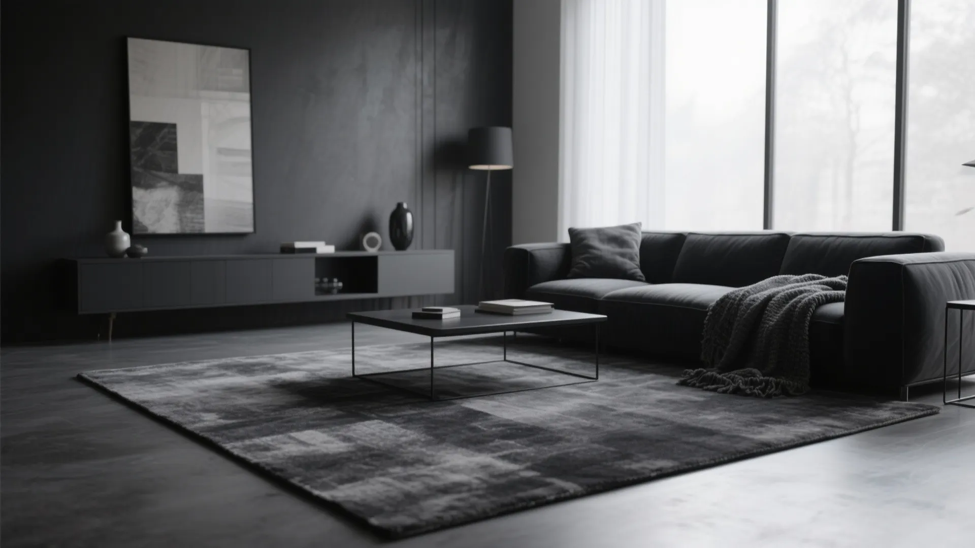 Dark monochrome living room with black sofa grey rug black coffee table and wall art