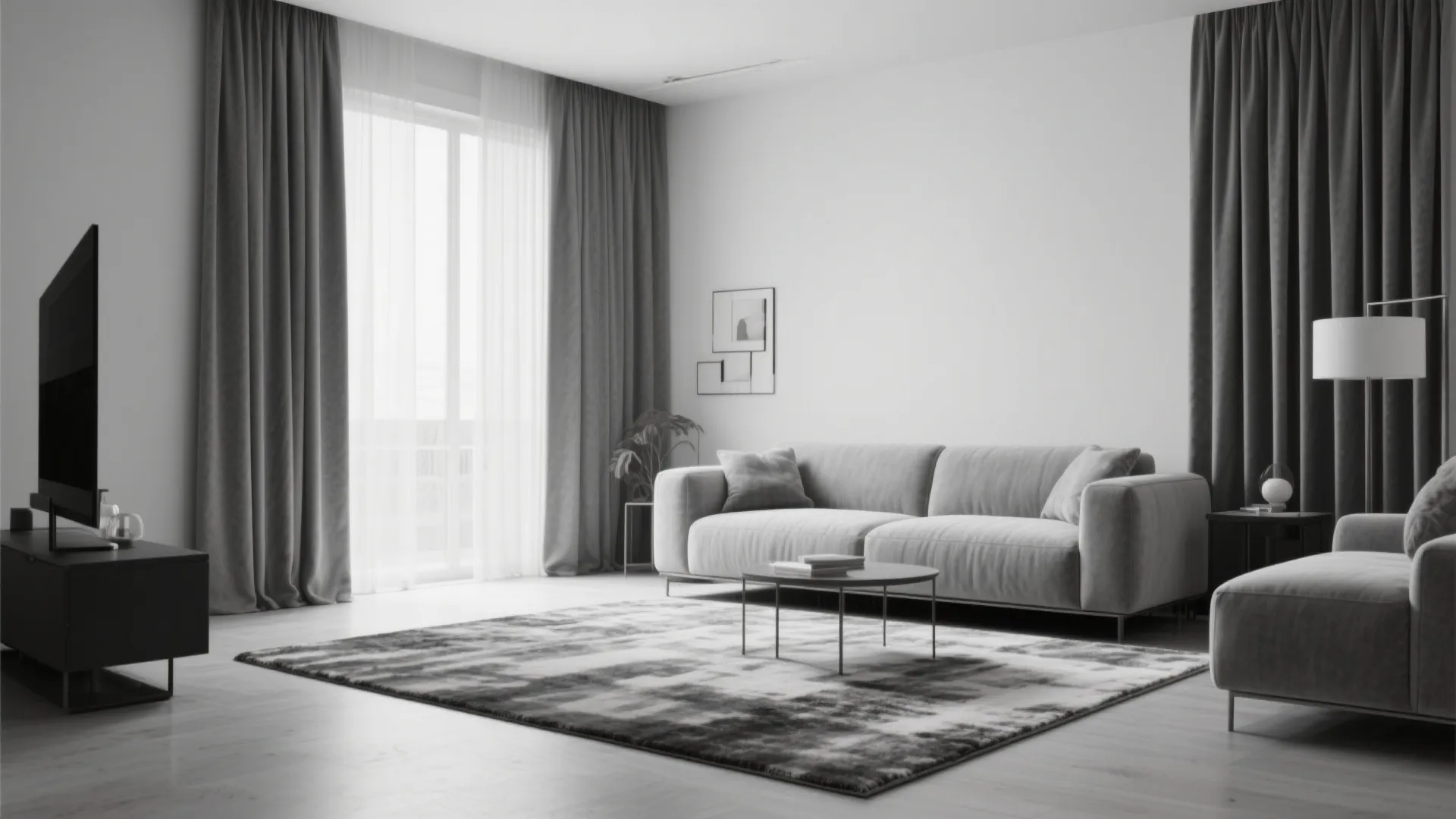 Monochrome living room with matching rug, curtains, and sofa in soft tones