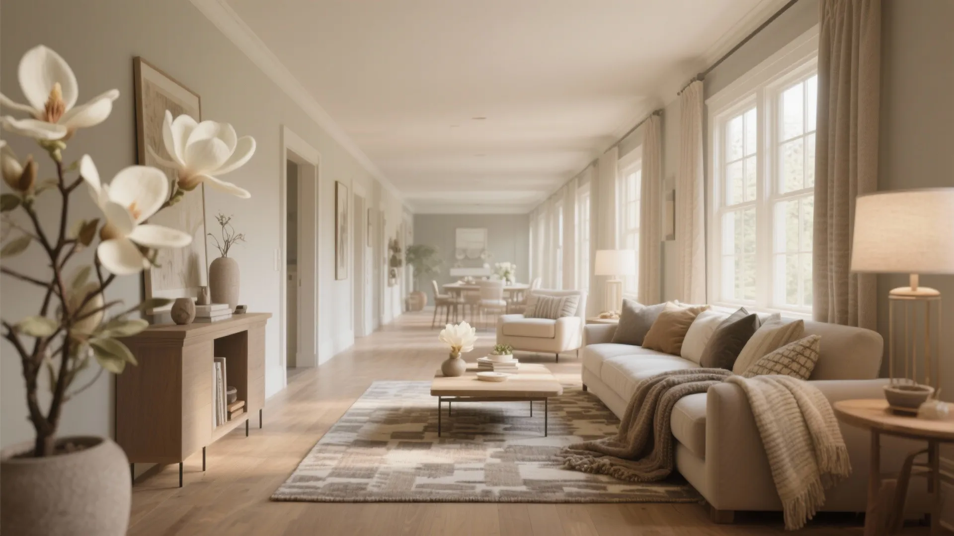 Narrow living room with layered magnolia tones and varied textures