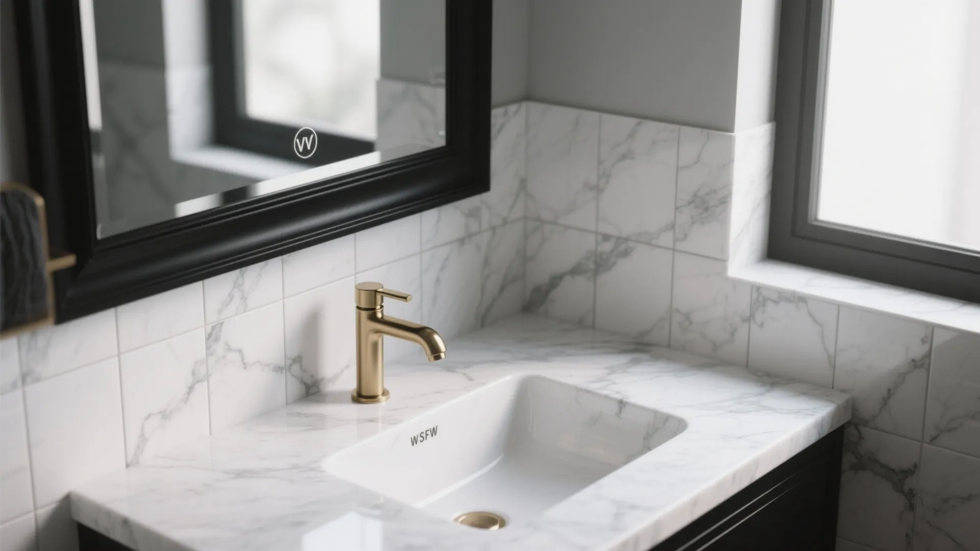 Bathroom sink with white marble countertop gold water tap and black framed mirror near a window